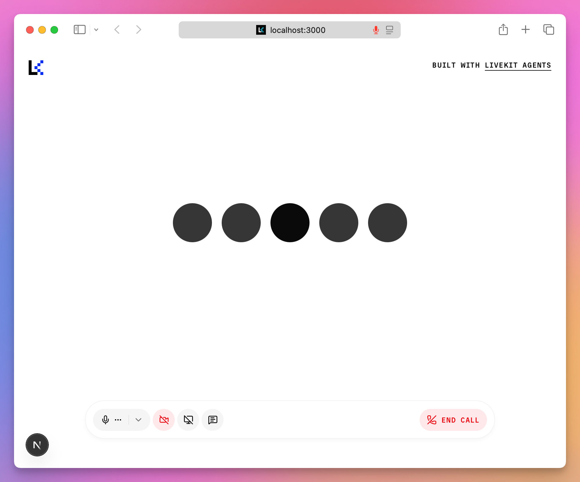 The React starter connecting to the agent, with the audio visualizer and call controls visible