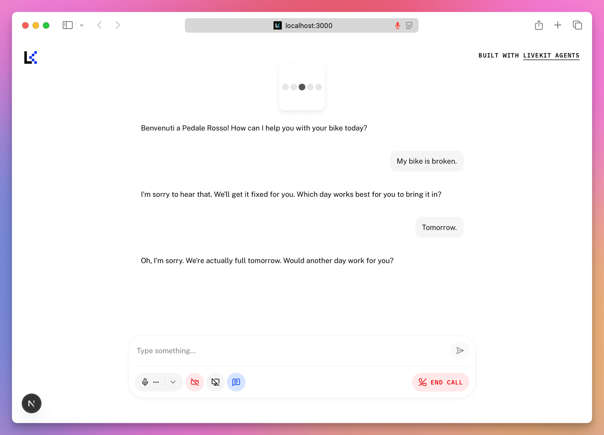 A conversation with the Pedale Rosso agent in the React starter, including the greeting, a broken-bike request and a question about tomorrow