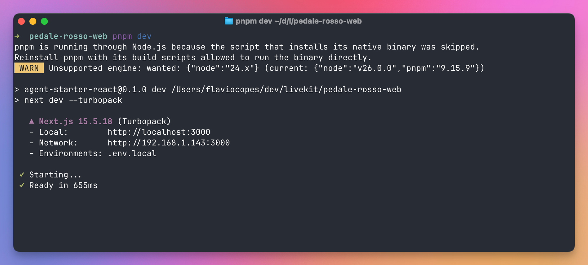 The React starter development server running on localhost port 3000