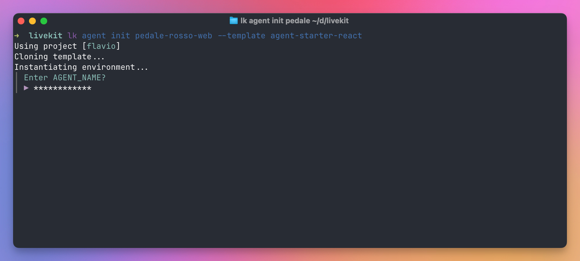The lk agent init command cloning the React starter and asking for AGENT_NAME