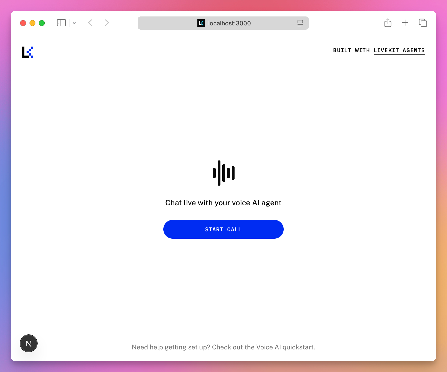 The LiveKit React starter on localhost, showing the Start Call button