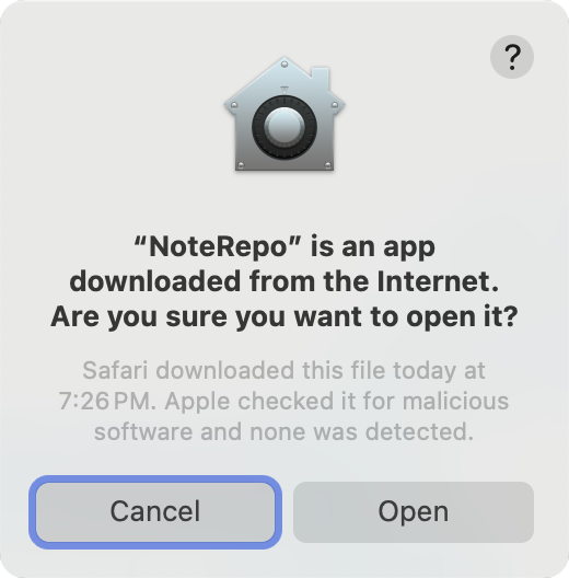 The macOS dialog for a notarized app: NoteRepo is an app downloaded from the Internet. Are you sure you want to open it? Safari downloaded this file today. Apple checked it for malicious software and none was detected. The buttons are Cancel and Open.