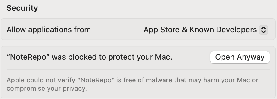 The Security section of Privacy and Security in System Settings, saying NoteRepo was blocked to protect your Mac, with an Open Anyway button