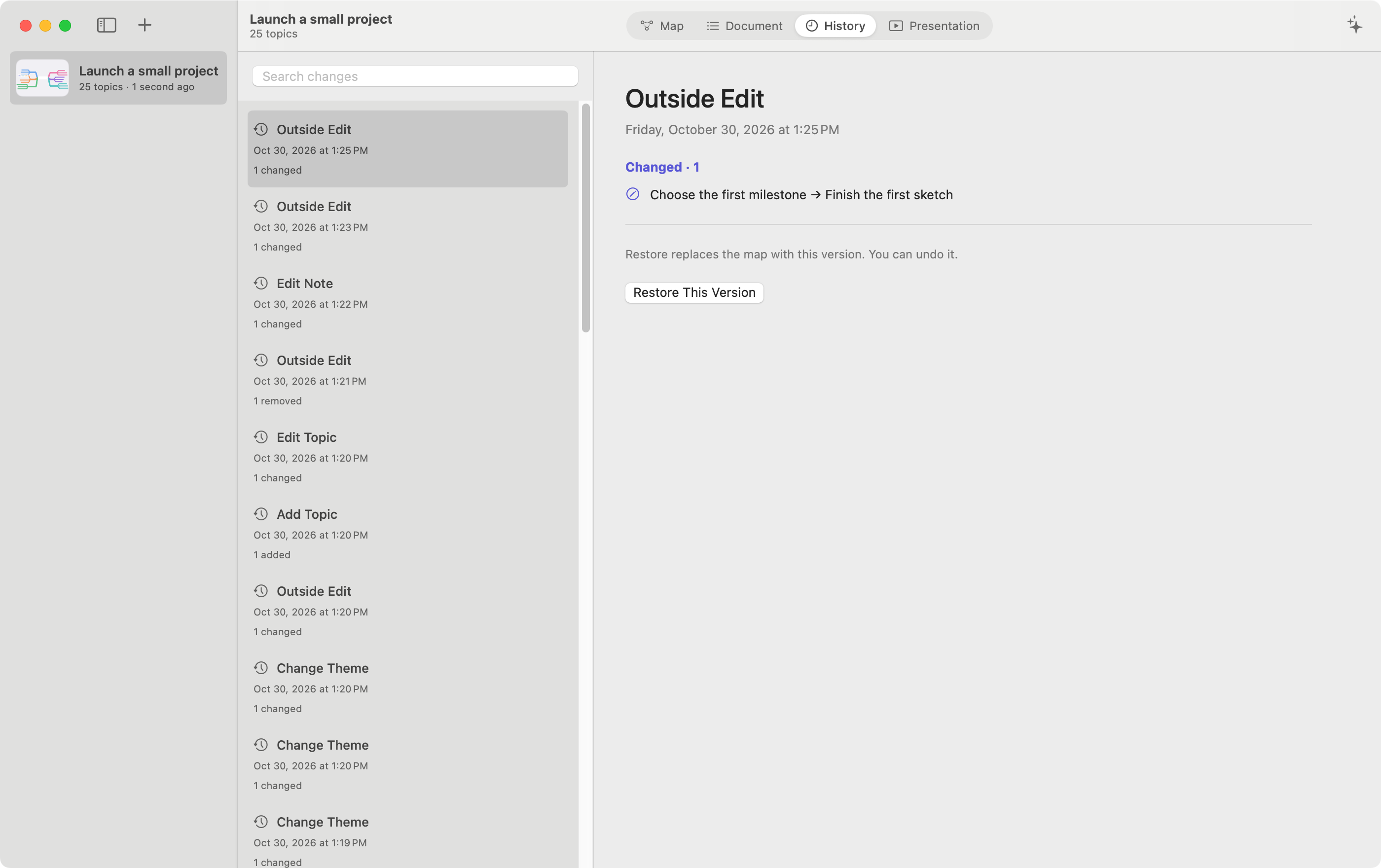 Saved changes available in the sample map's History
