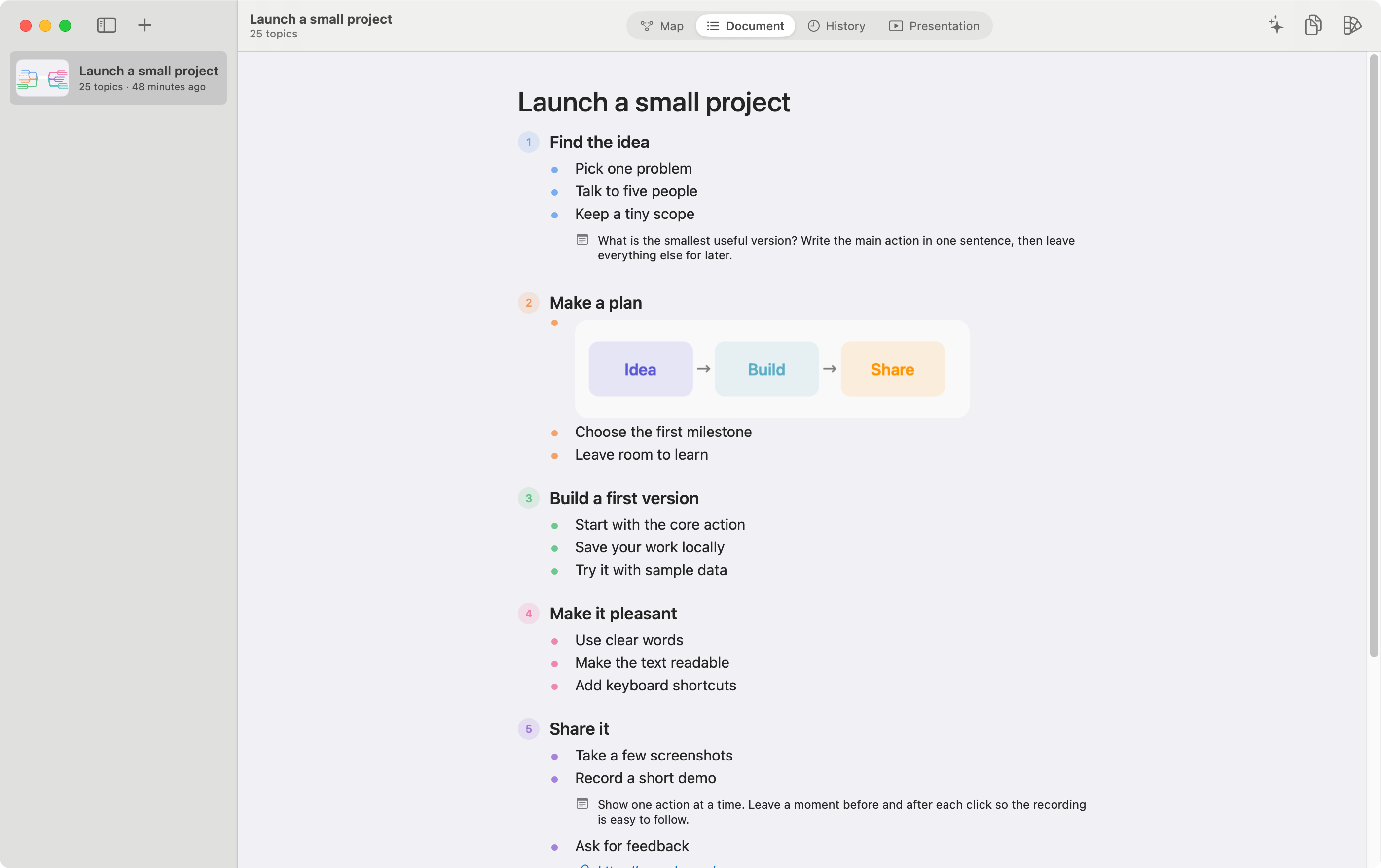 The sample map as an editable Document outline