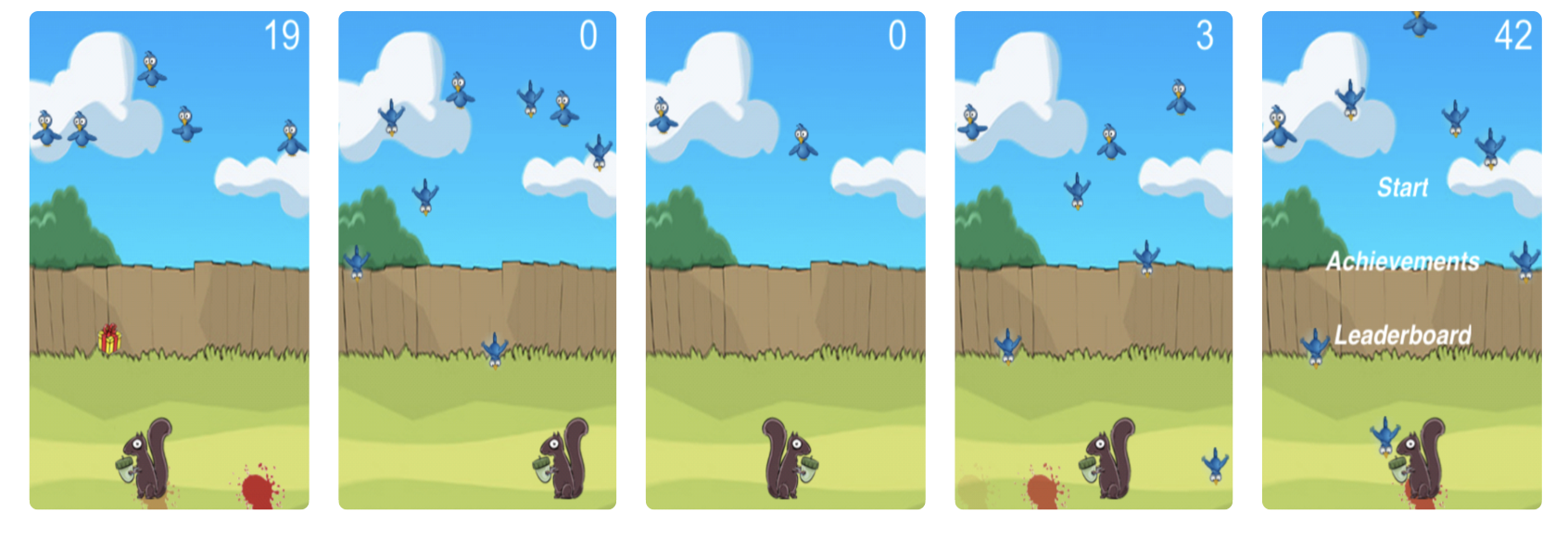 Screens from my iPhone arcade game with a squirrel catching birds