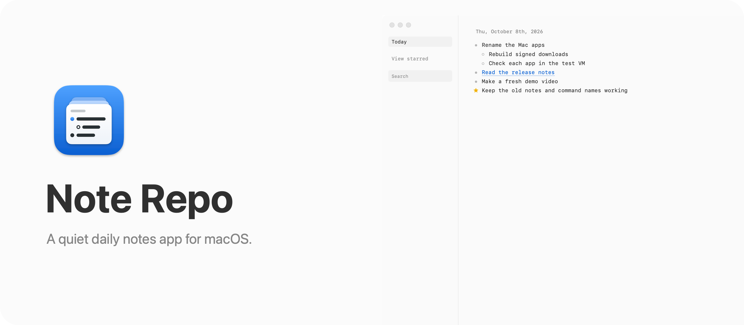 Note Repo, a quiet, local-first daily notes app for macOS