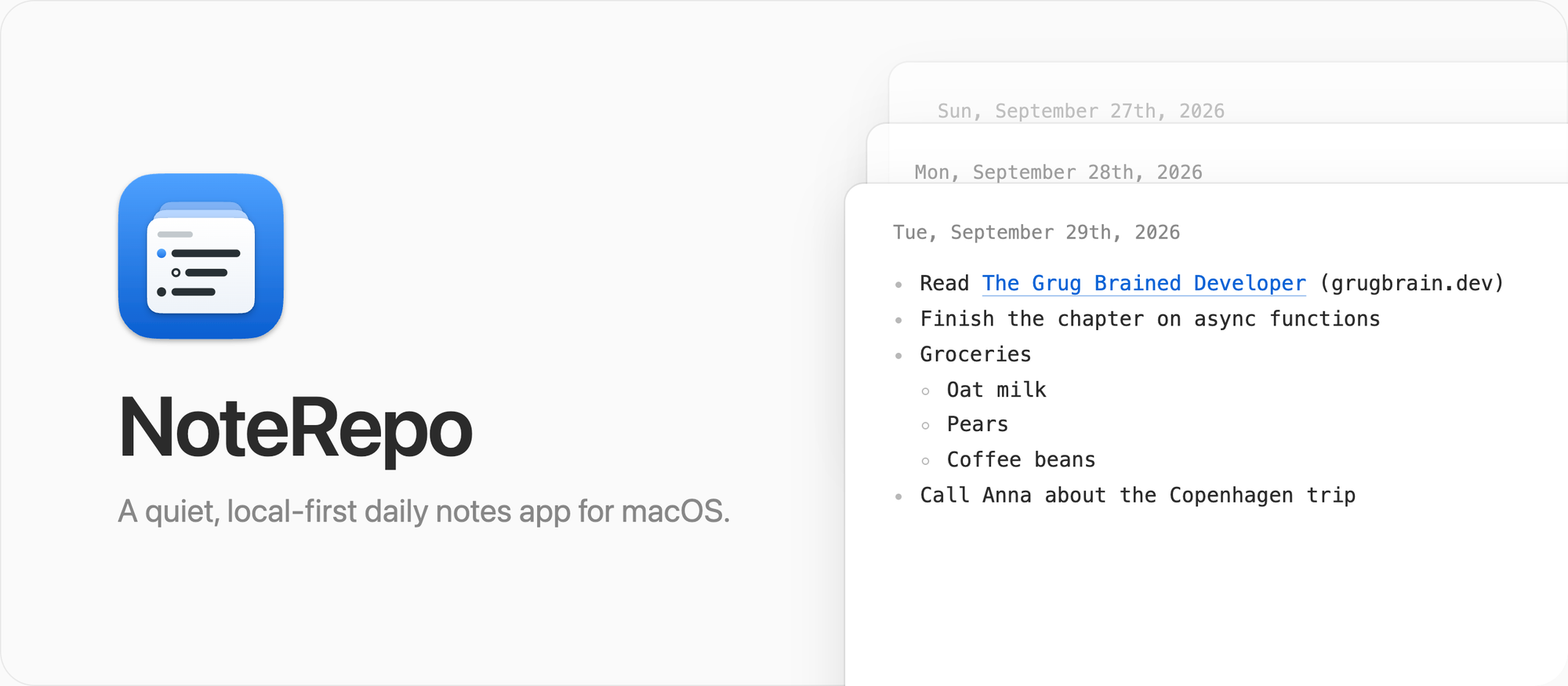 NoteRepo, a quiet, local-first daily notes app for macOS