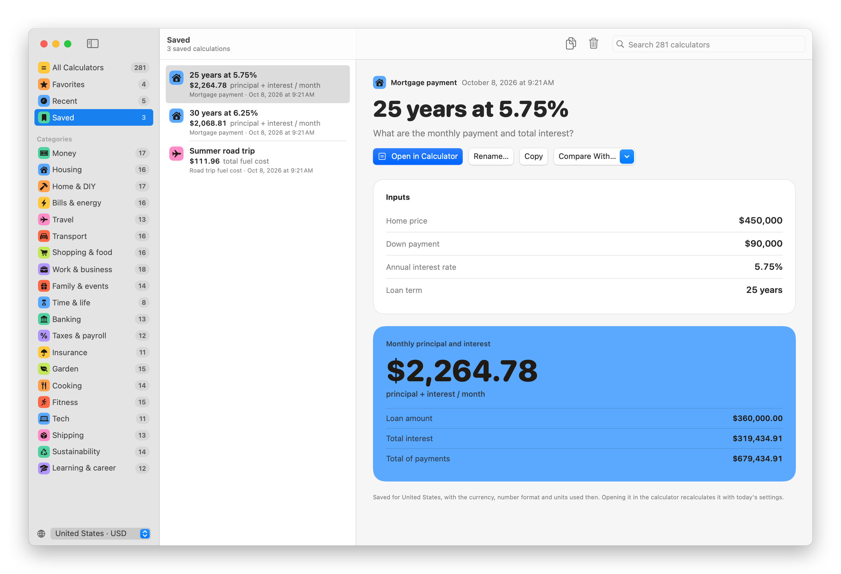 A saved mortgage calculation, with its inputs and its result