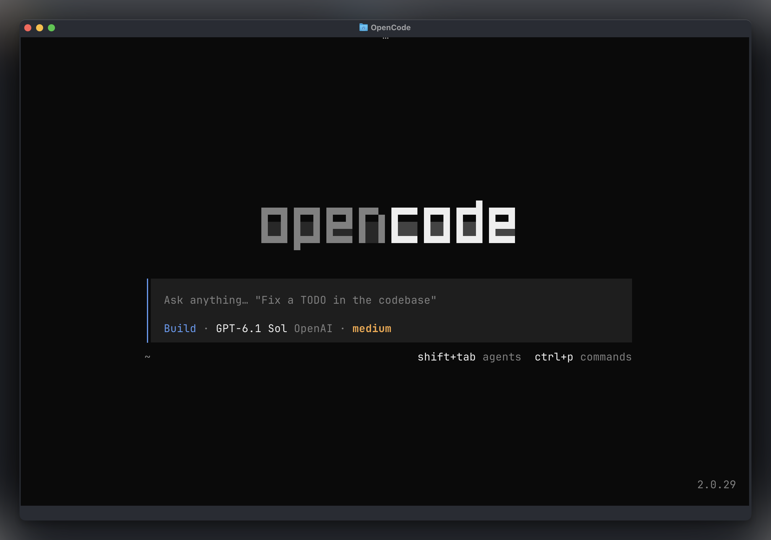 OpenCode terminal interface with the prompt, Build agent, and selected model