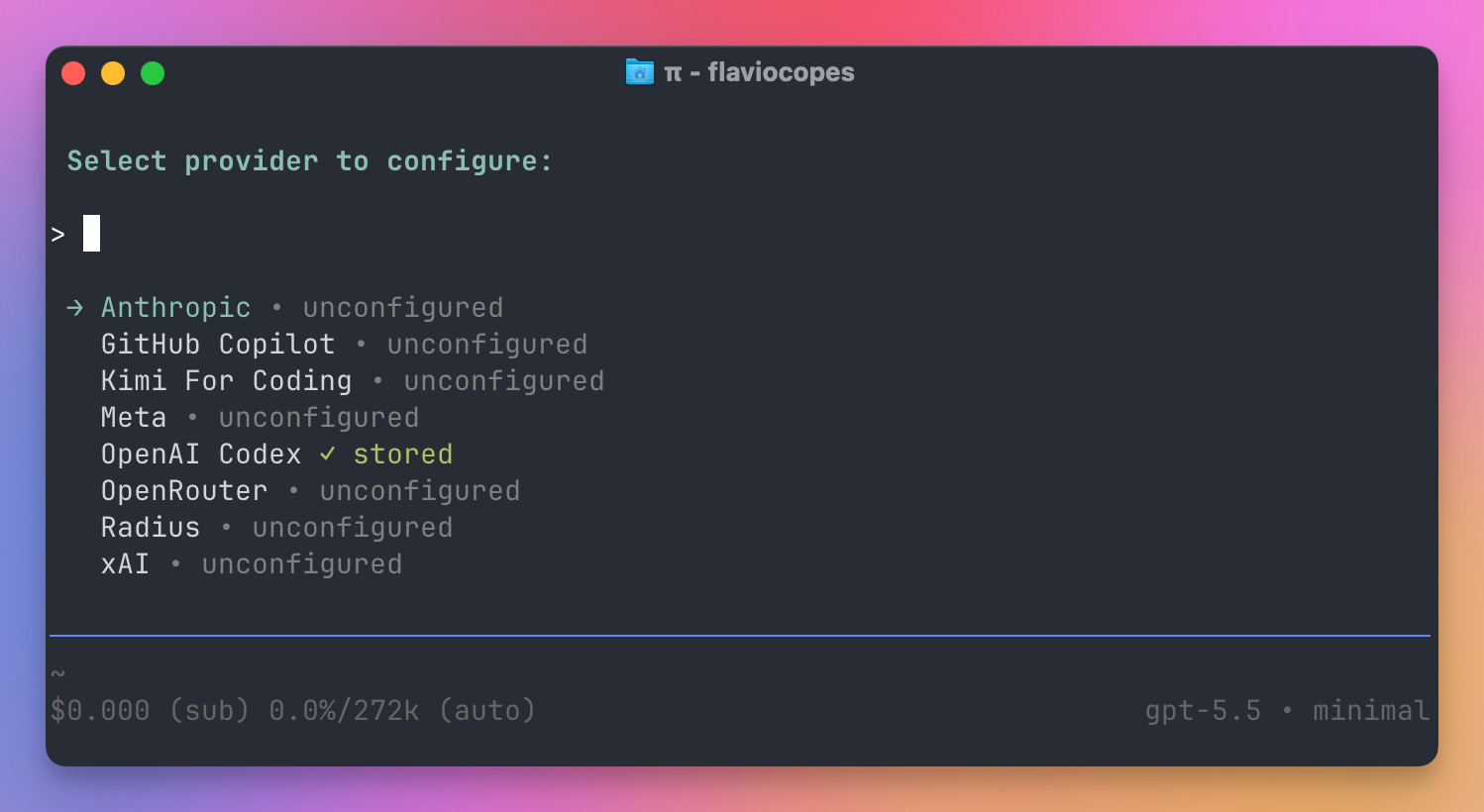 The /login provider list in Pi, with OpenAI Codex already stored