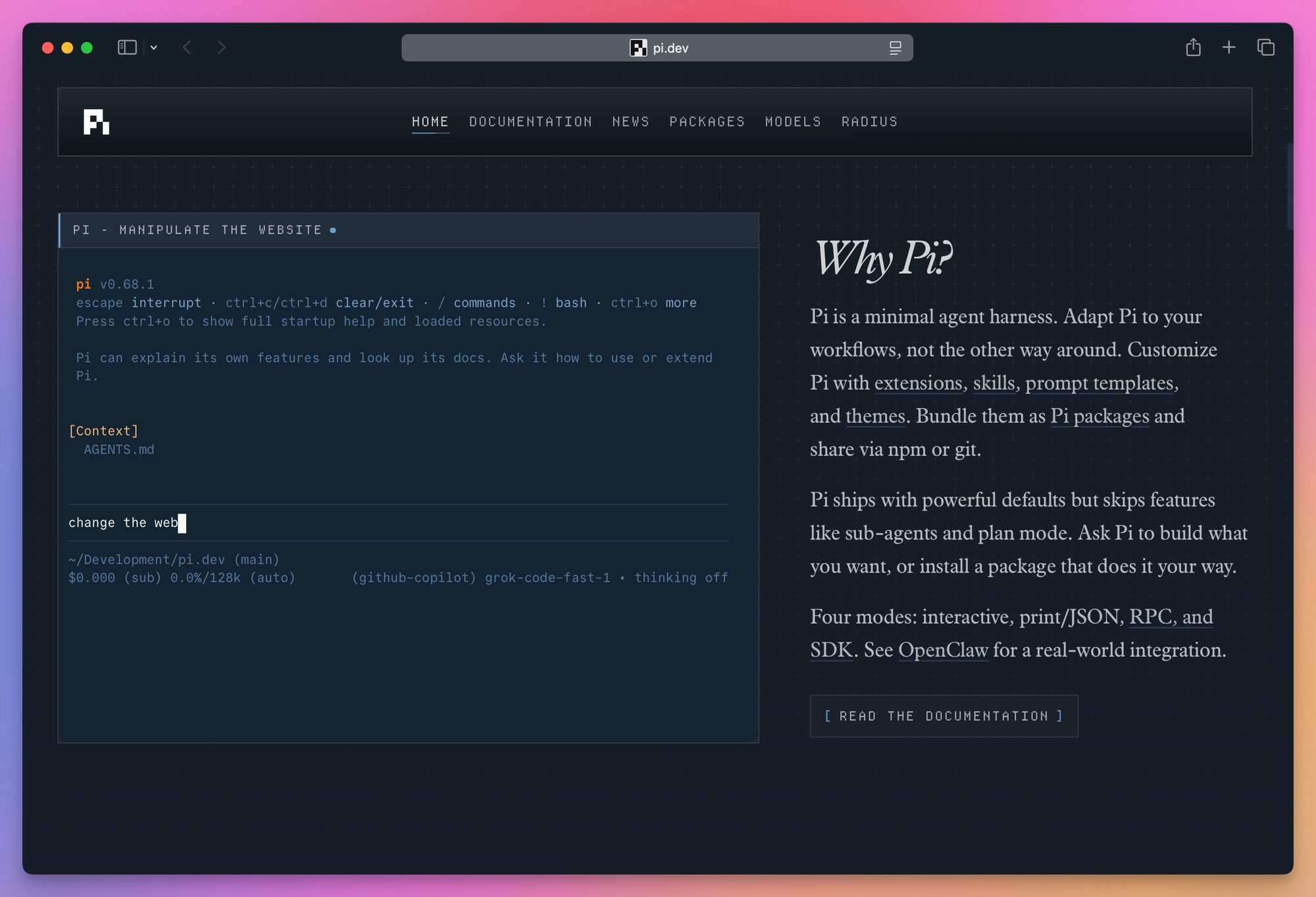 The "Why Pi?" section on pi.dev, with the interactive Pi demo