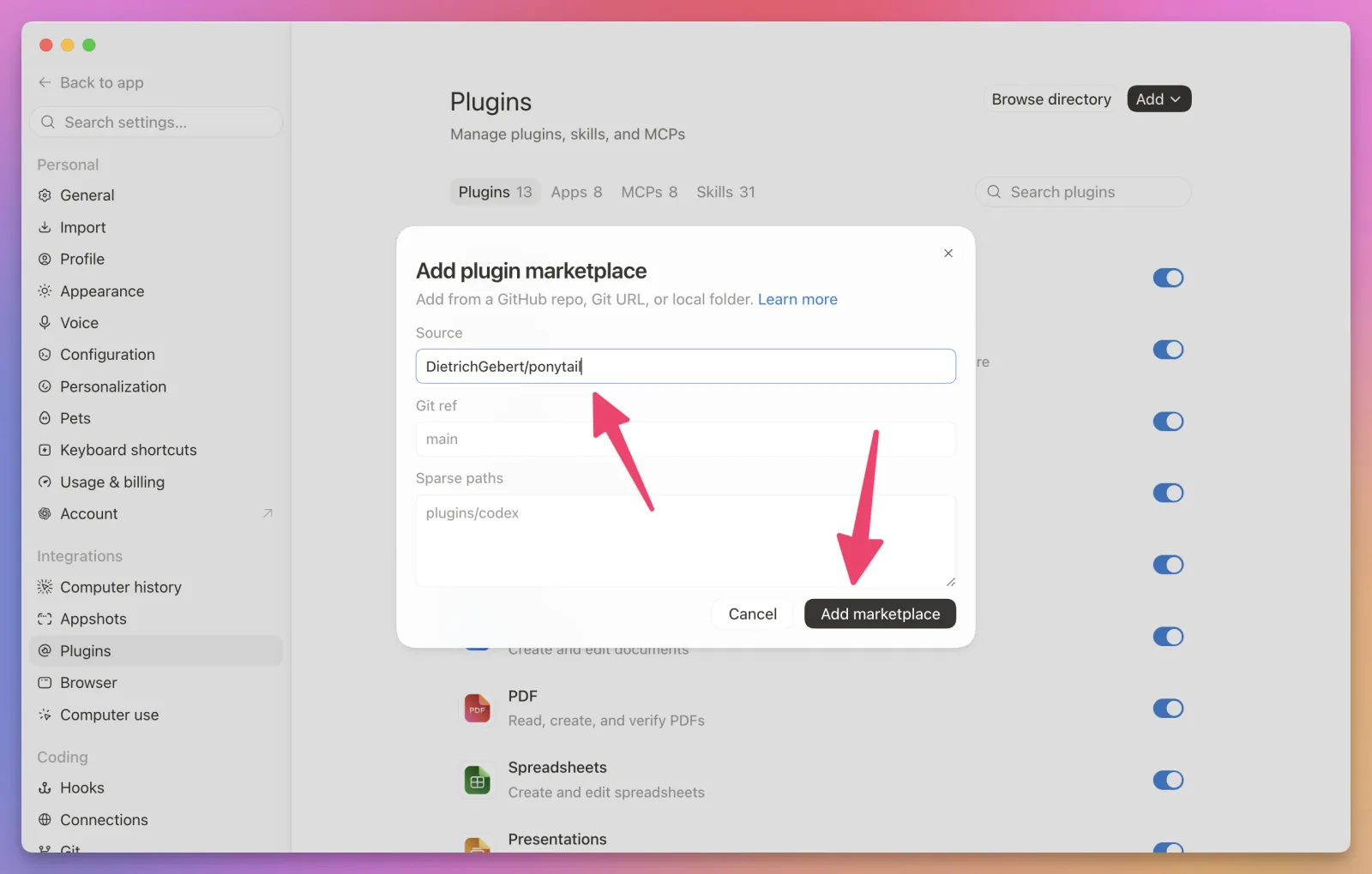 Adding the Ponytail plugin marketplace in the ChatGPT app