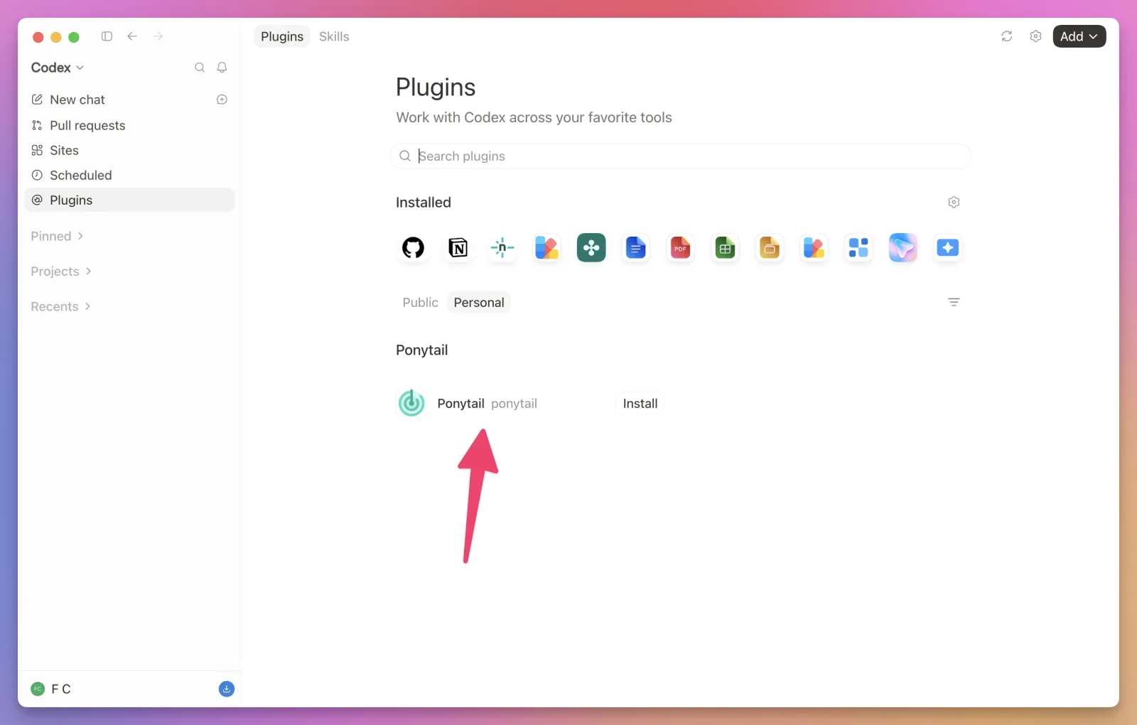 Installing Ponytail from the personal plugin marketplace in the ChatGPT app