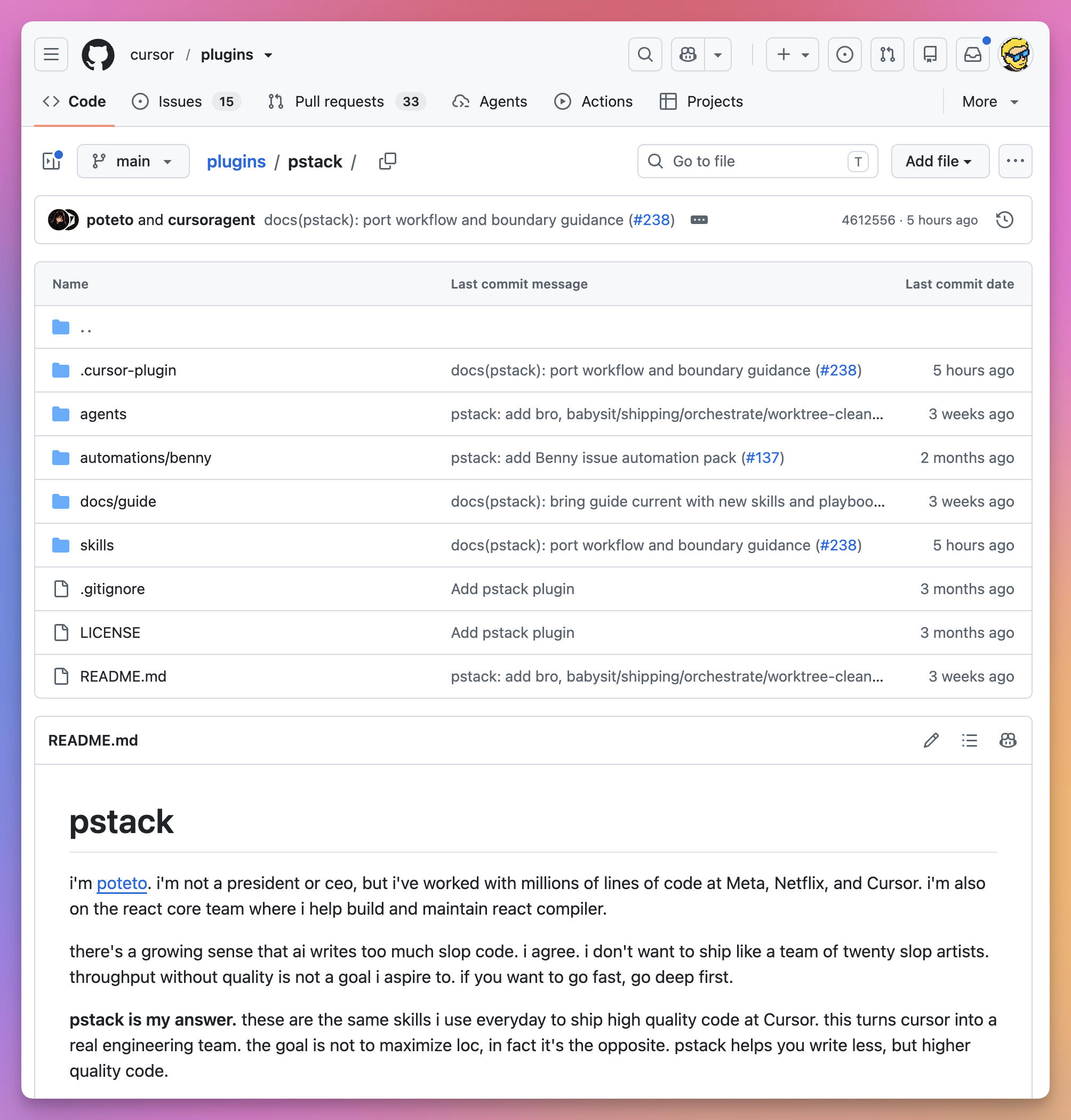 The pstack directory in Cursor's plugins repository, with its agents, Benny automations, guide, and skills
