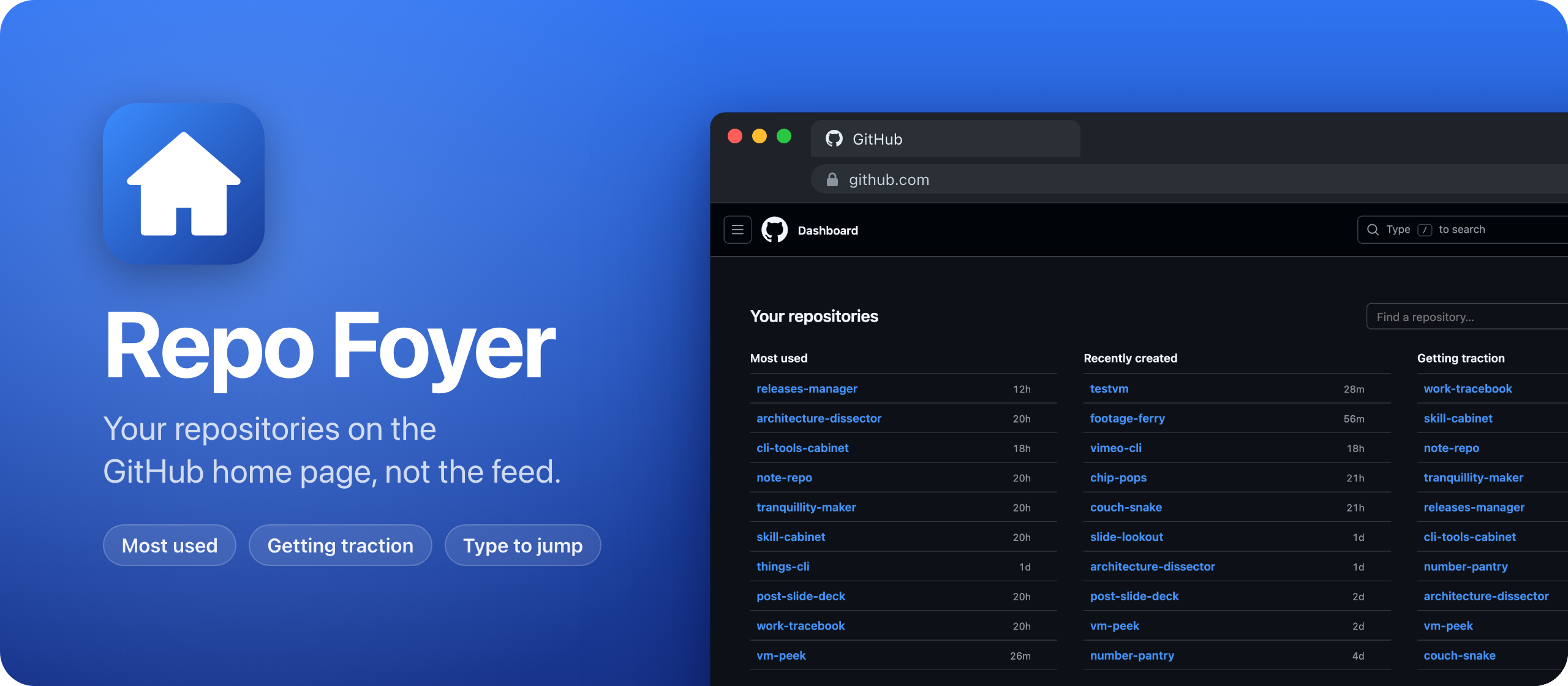 Repo Foyer, a Chrome extension that shows your repositories on the GitHub home page