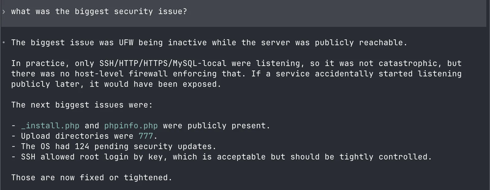 Codex: the biggest issue was UFW being inactive on a public server