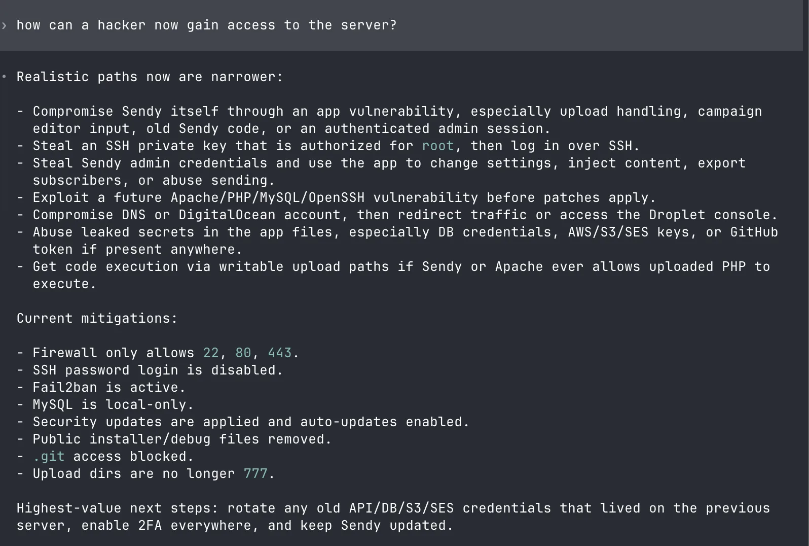 Codex listing the remaining realistic attack paths and the current mitigations