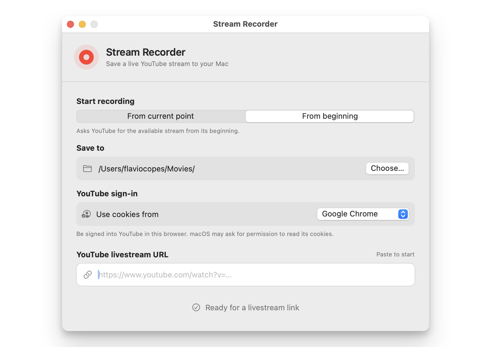Livestream Recorder on macOS, ready to record a YouTube livestream