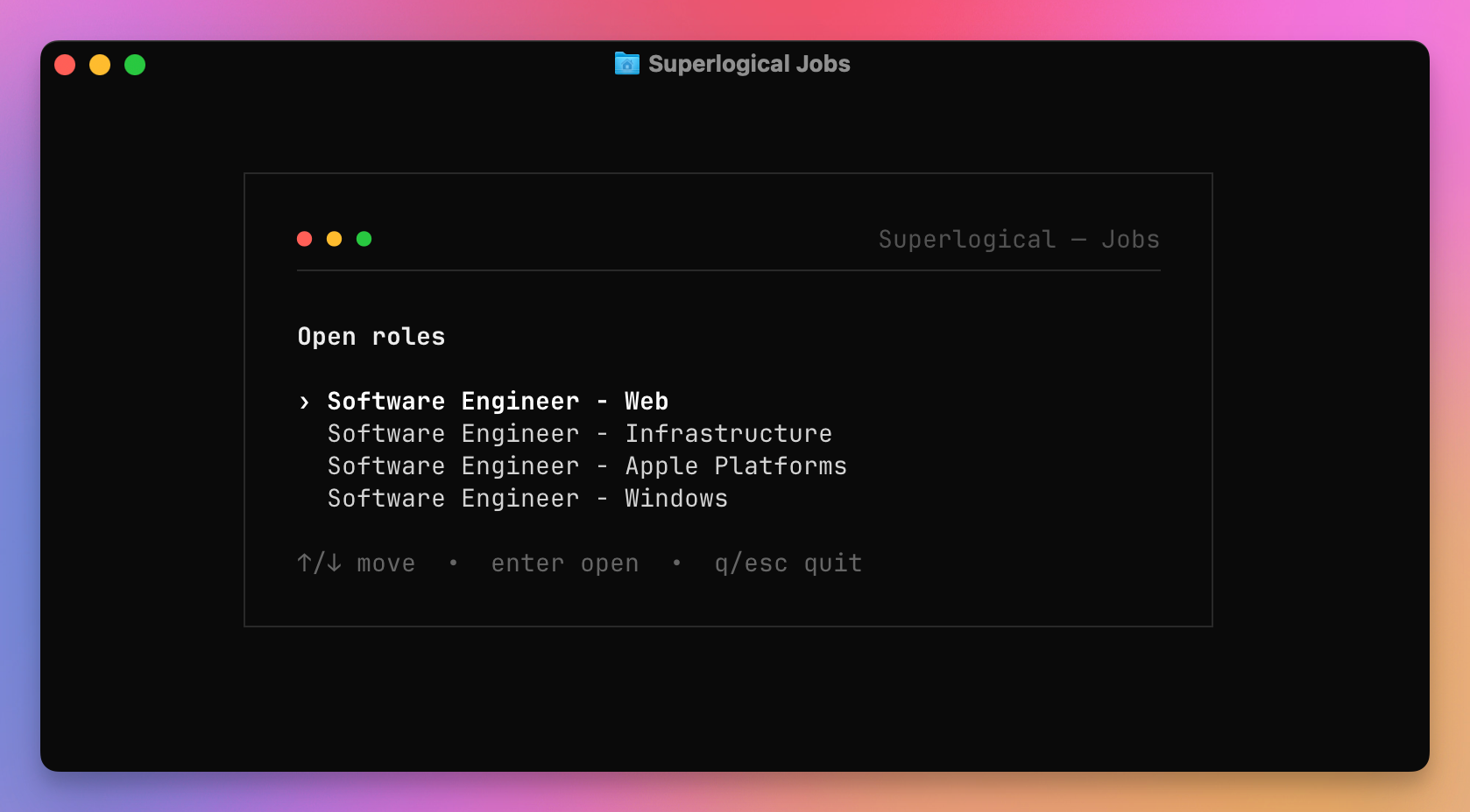 The Superlogical jobs board rendered in the terminal, with four open roles
