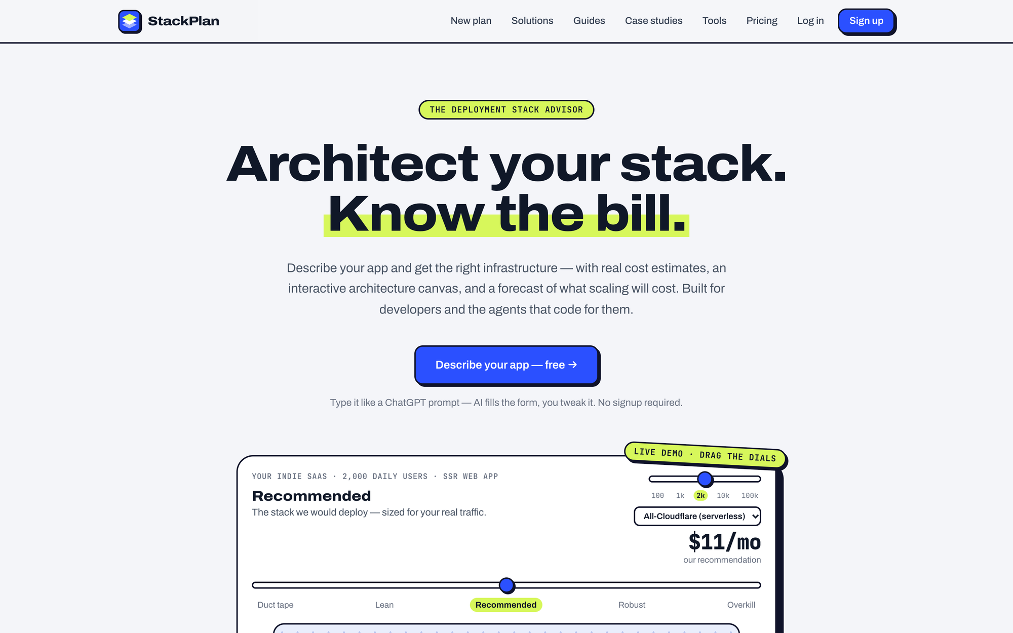 The StackPlan homepage: Architect your stack. Know the bill.