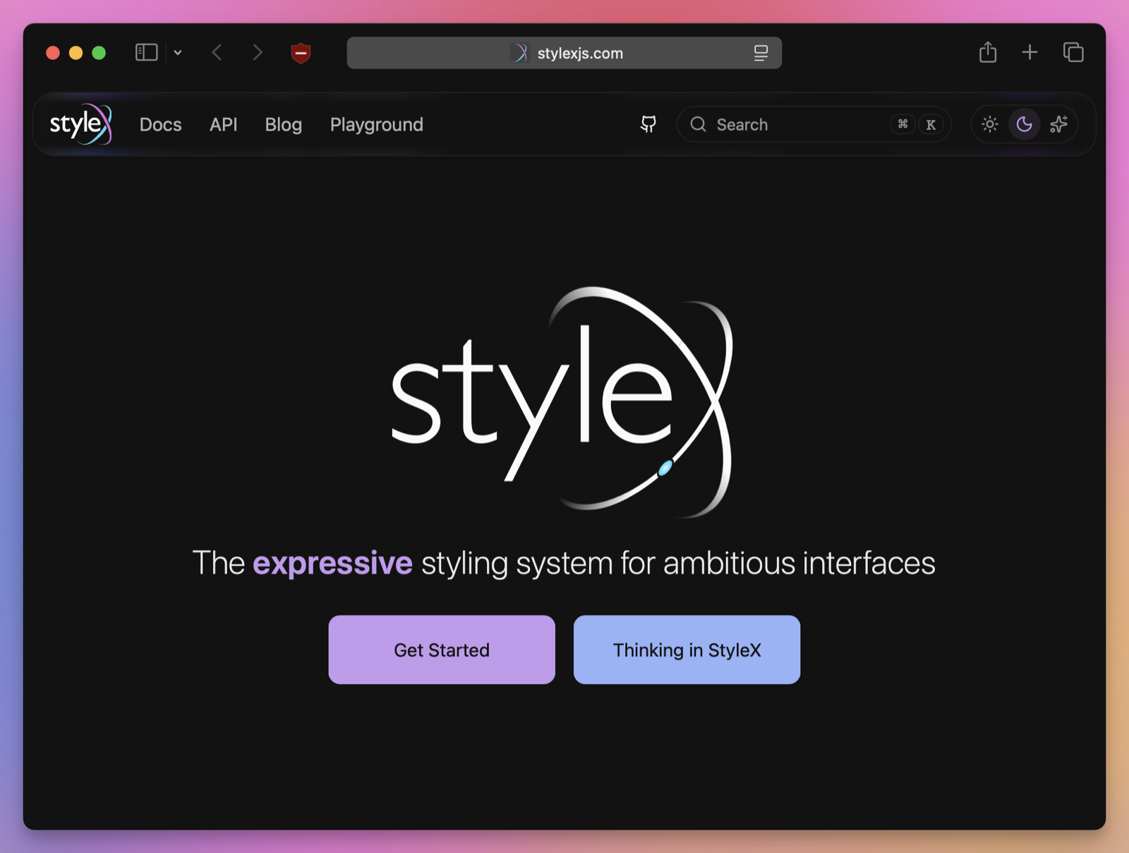 The StyleX website in dark mode