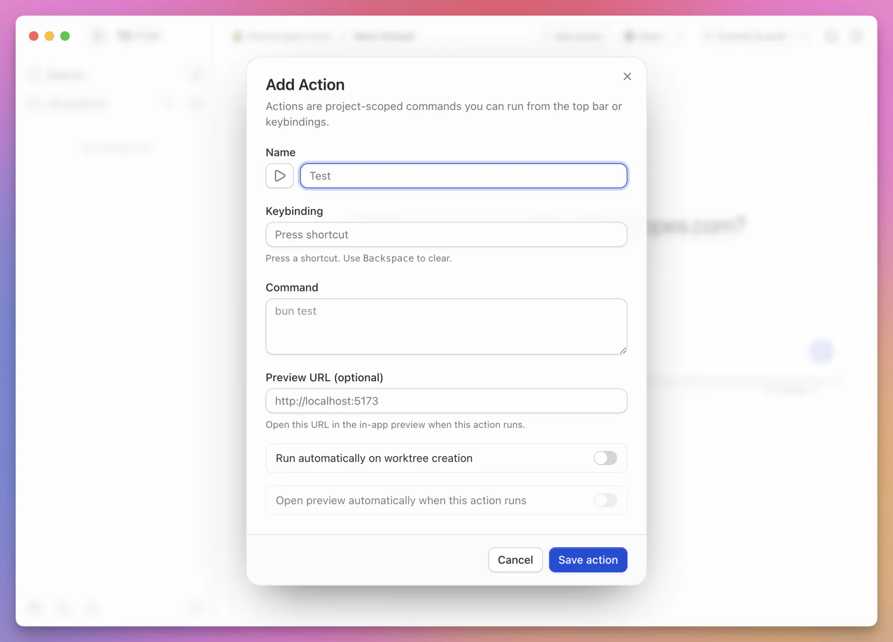 The T3 Code Add Action dialog with command, keybinding, preview URL, and worktree options