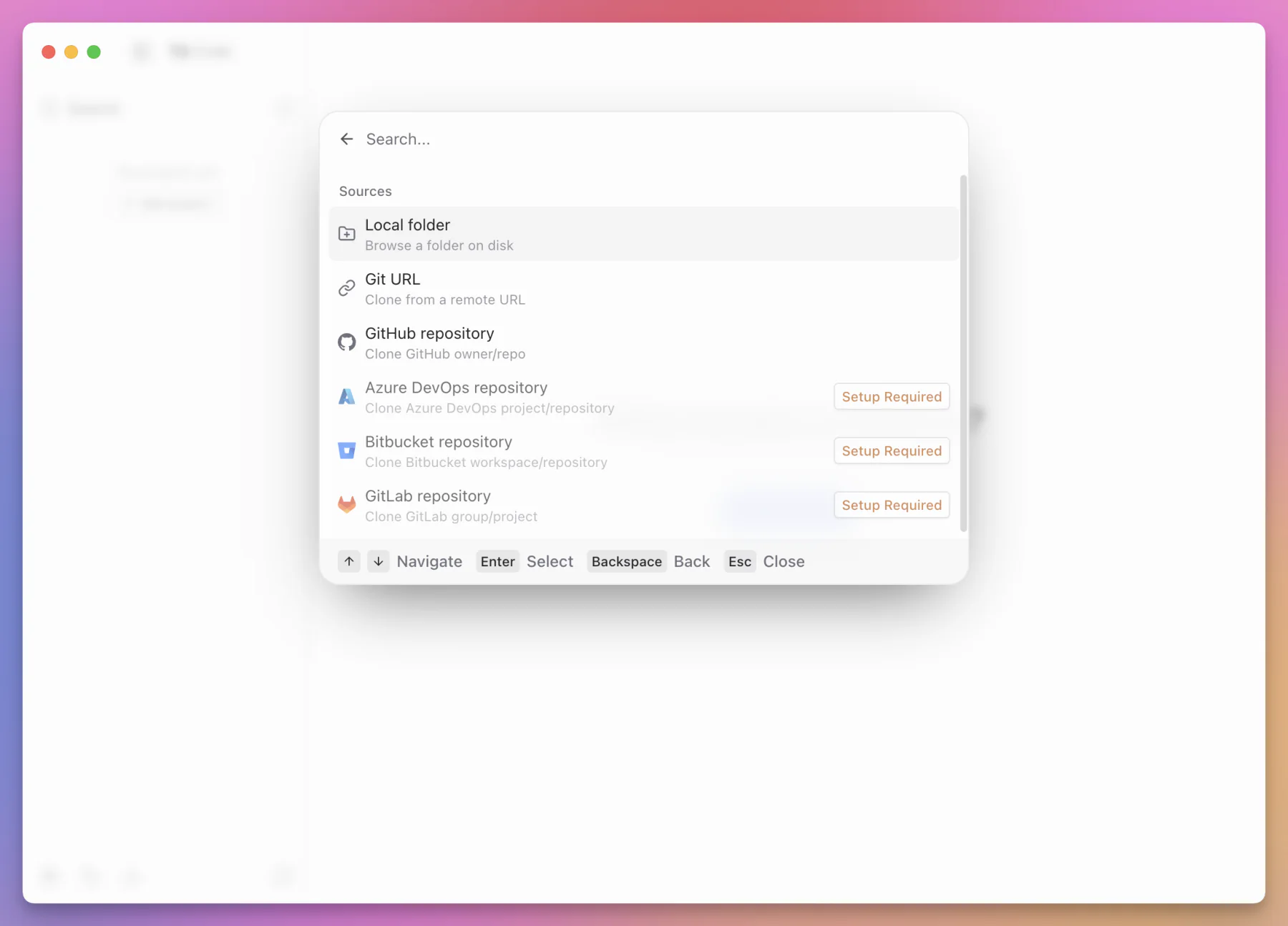 The T3 Code project picker with local folder, Git URL, GitHub, Azure DevOps, Bitbucket, and GitLab sources