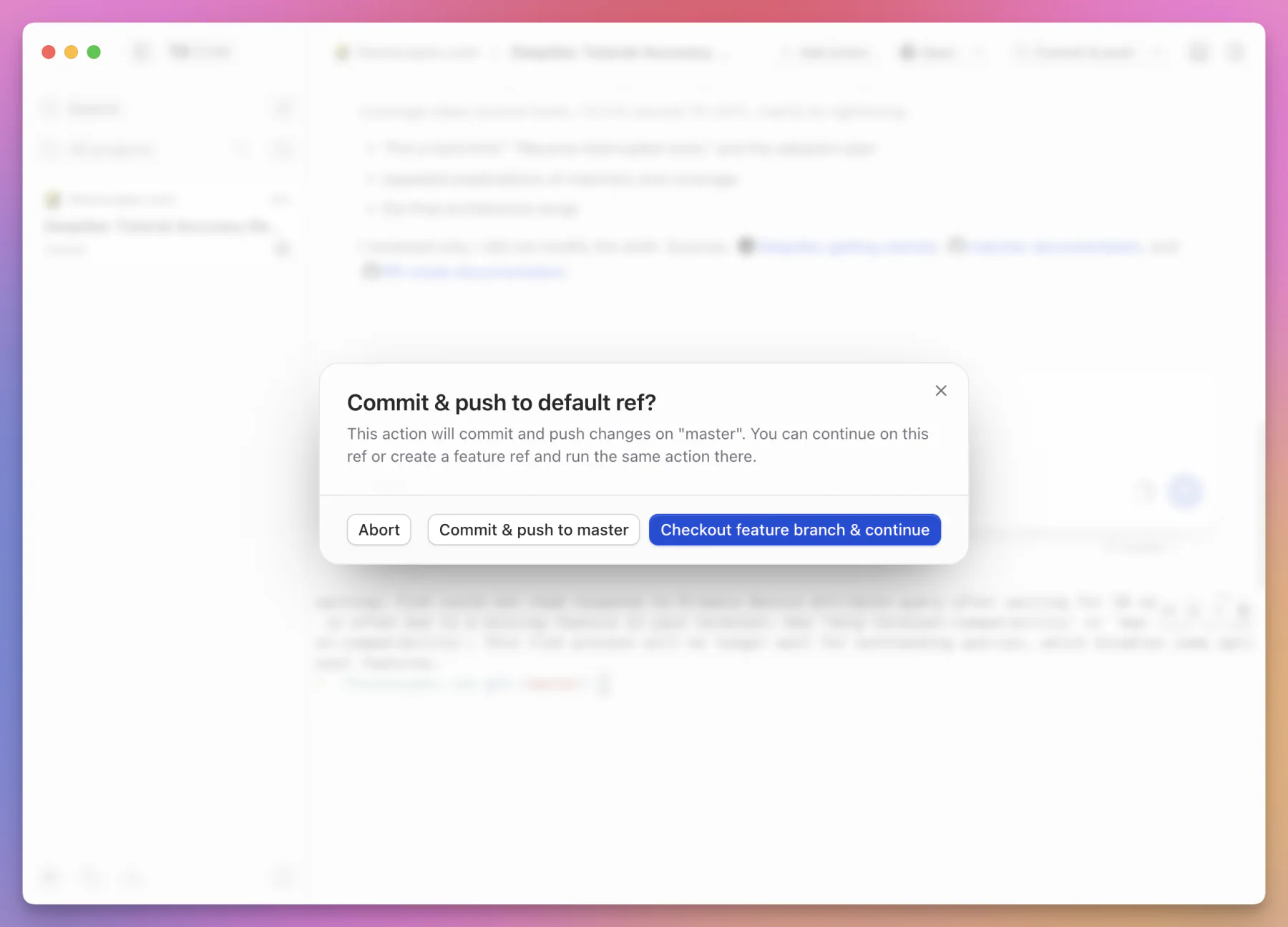 The T3 Code commit and push confirmation offering the default branch or a new feature branch