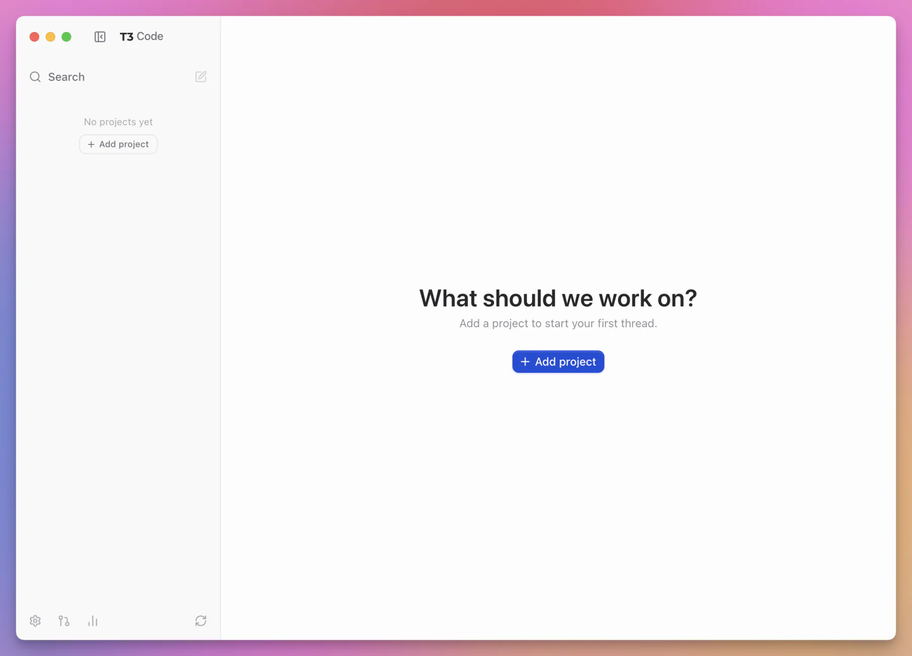 The empty T3 Code project screen asking what to work on