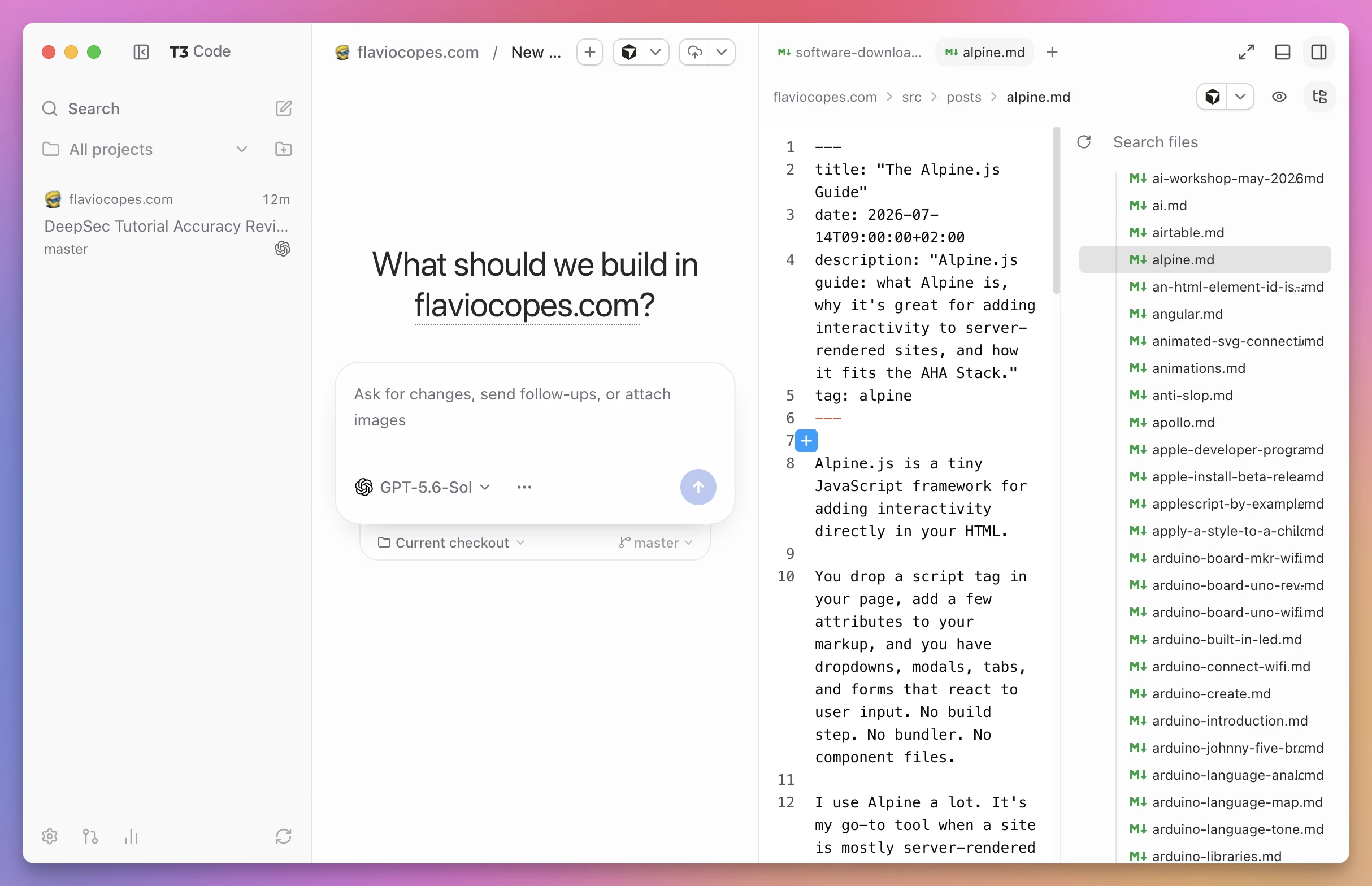 The T3 Code file browser and editor open beside a new agent thread