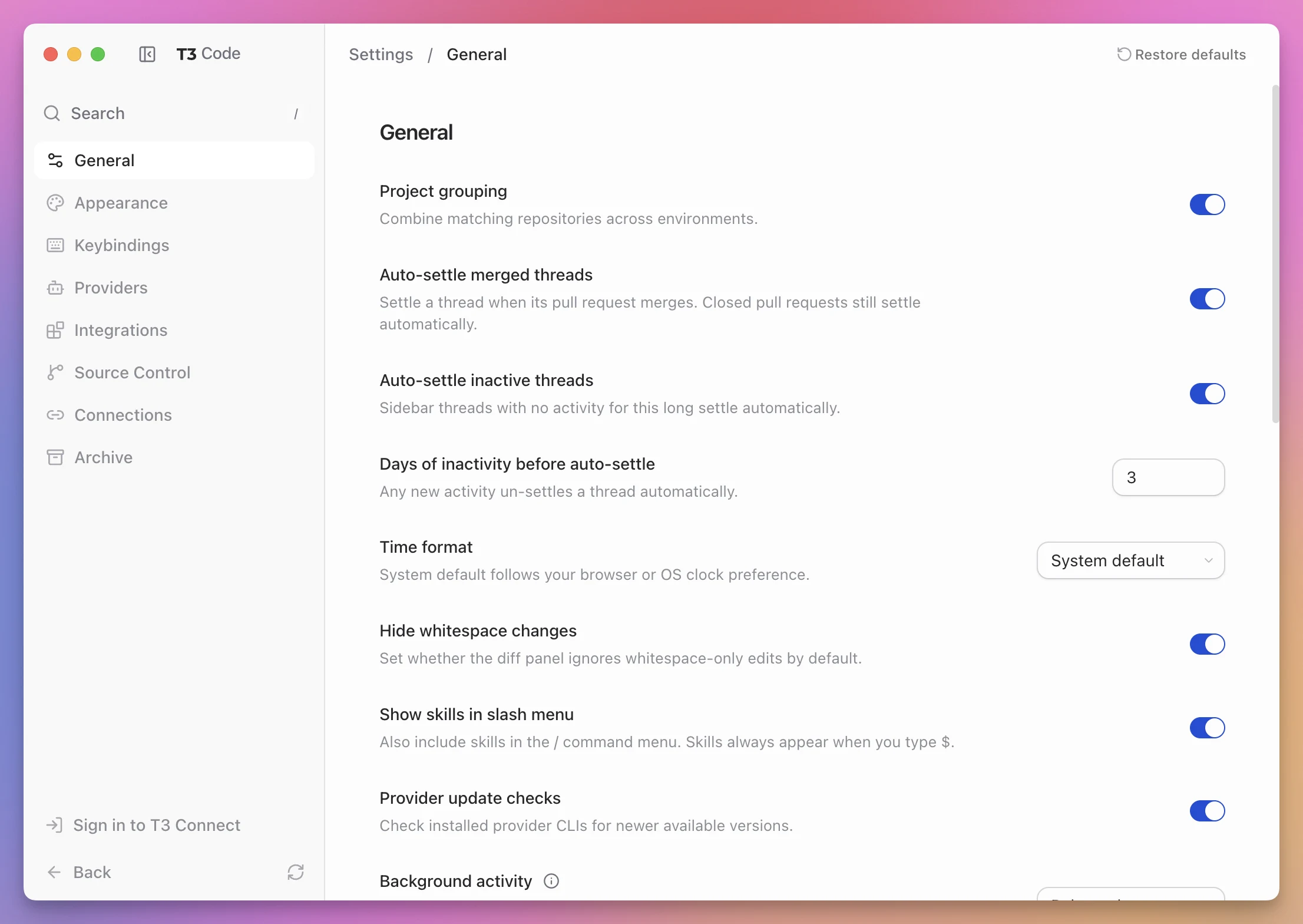 The T3 Code general settings for project grouping, automatic thread settling, whitespace changes, skills, and provider updates