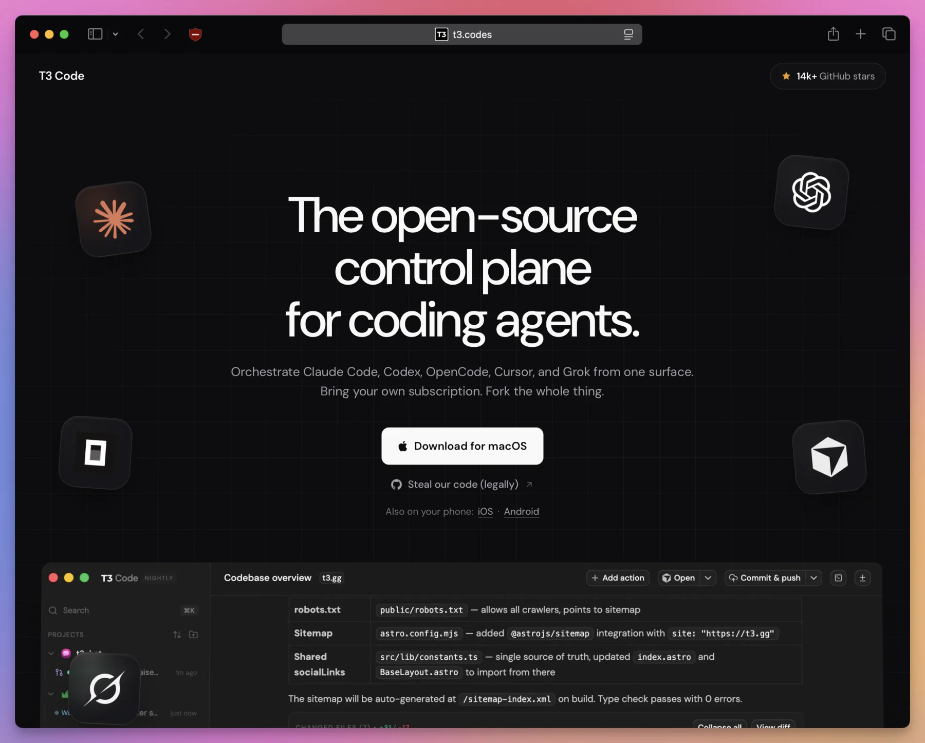 The T3 Code website presenting the open-source control plane for coding agents