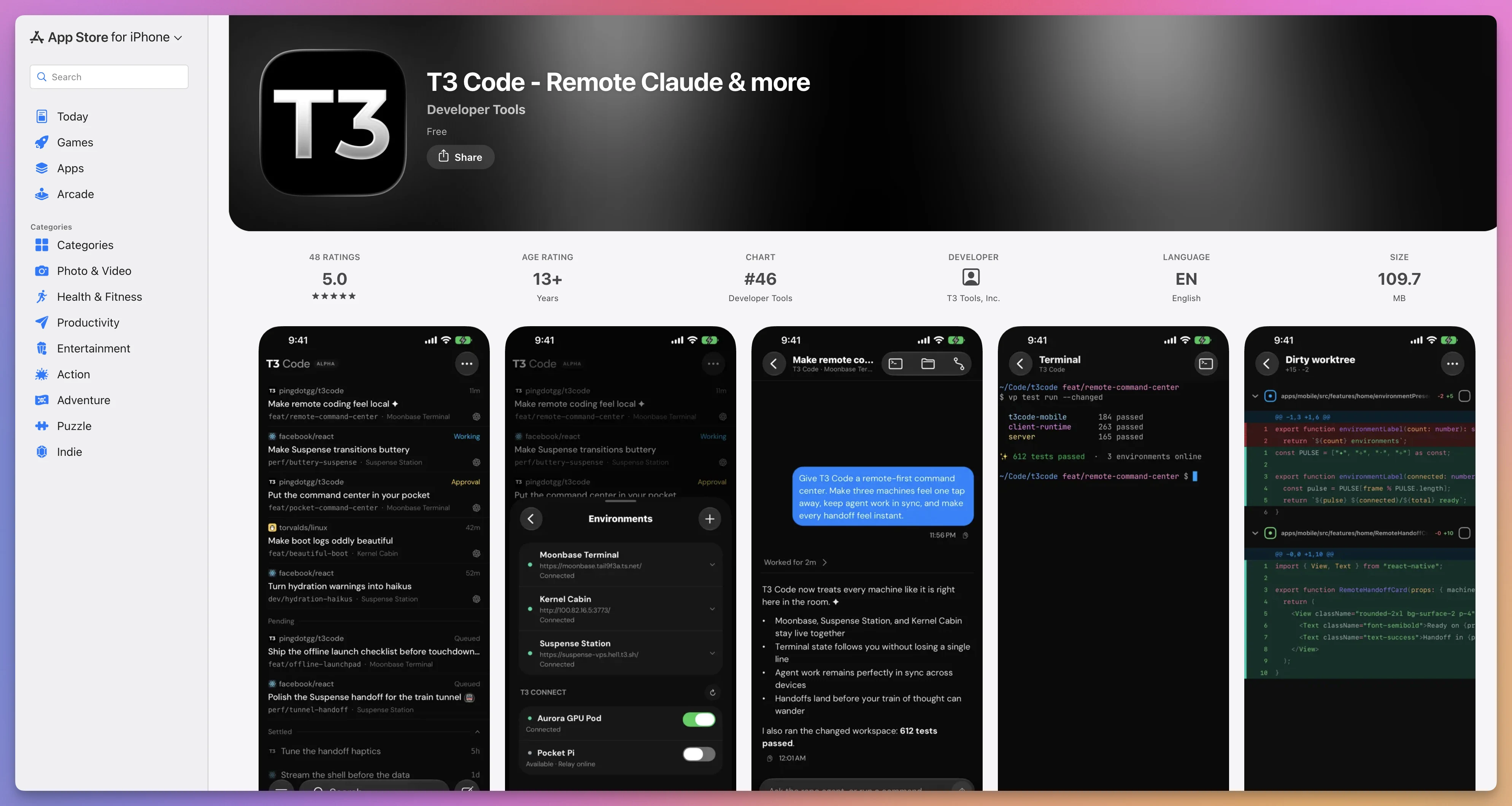 The T3 Code iPhone App Store page showing remote environments, agent threads, terminals, and code diffs