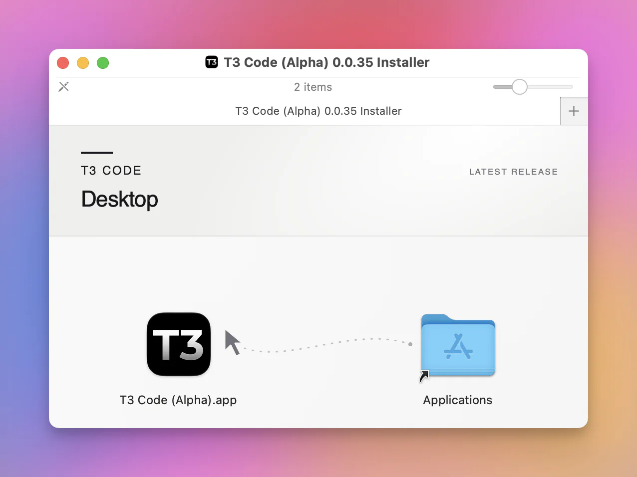 The T3 Code Alpha macOS installer with the application ready to drag into the Applications folder