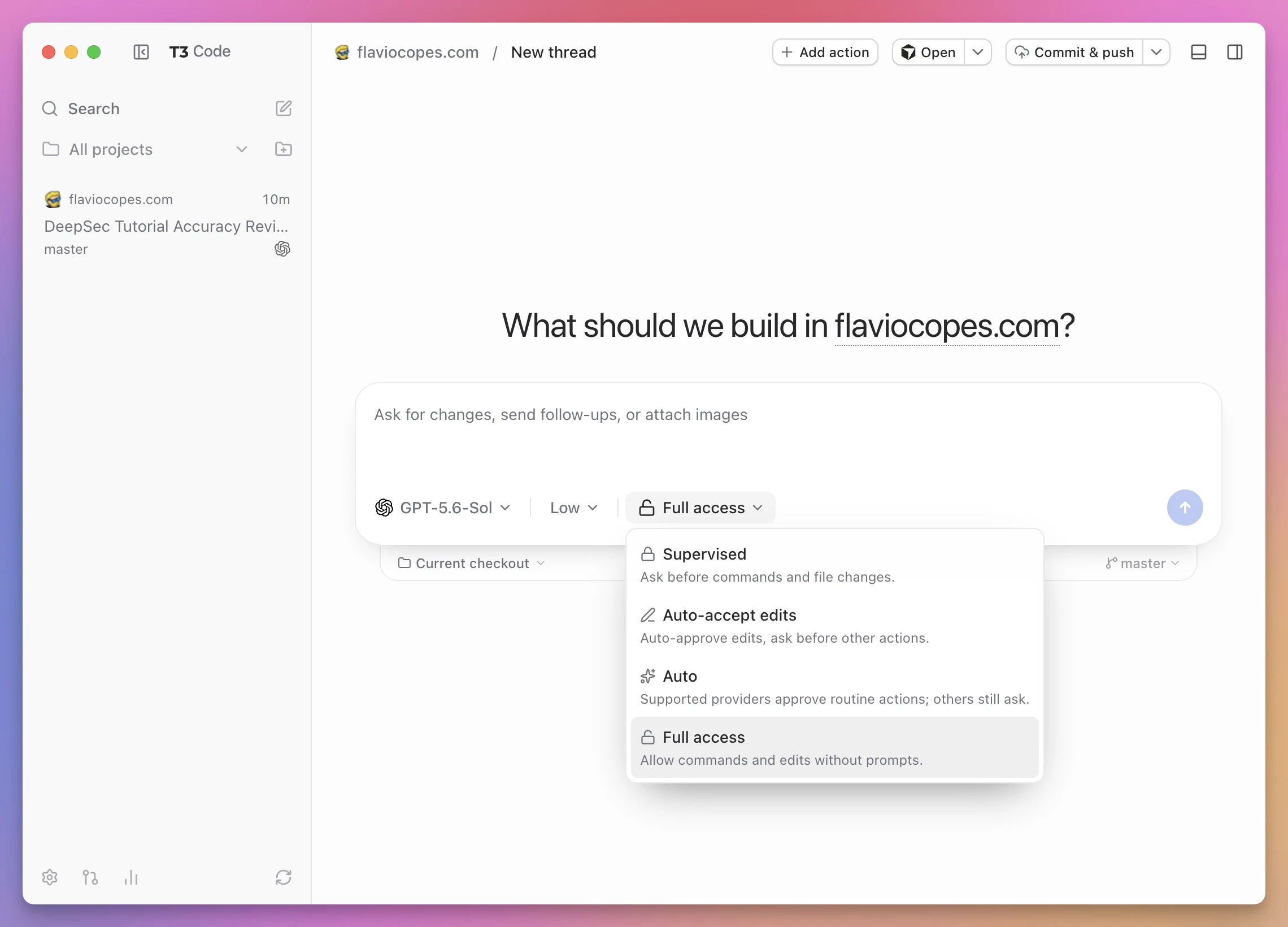 The T3 Code permission menu showing Supervised, Auto-accept edits, Auto, and Full access