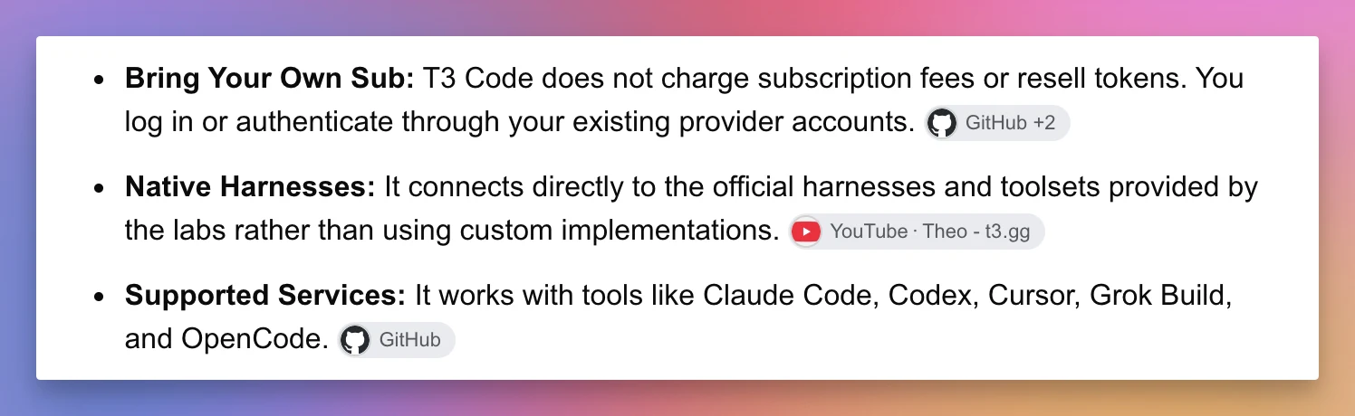 T3 Code uses existing subscriptions, connects to native agent harnesses, and supports several coding providers