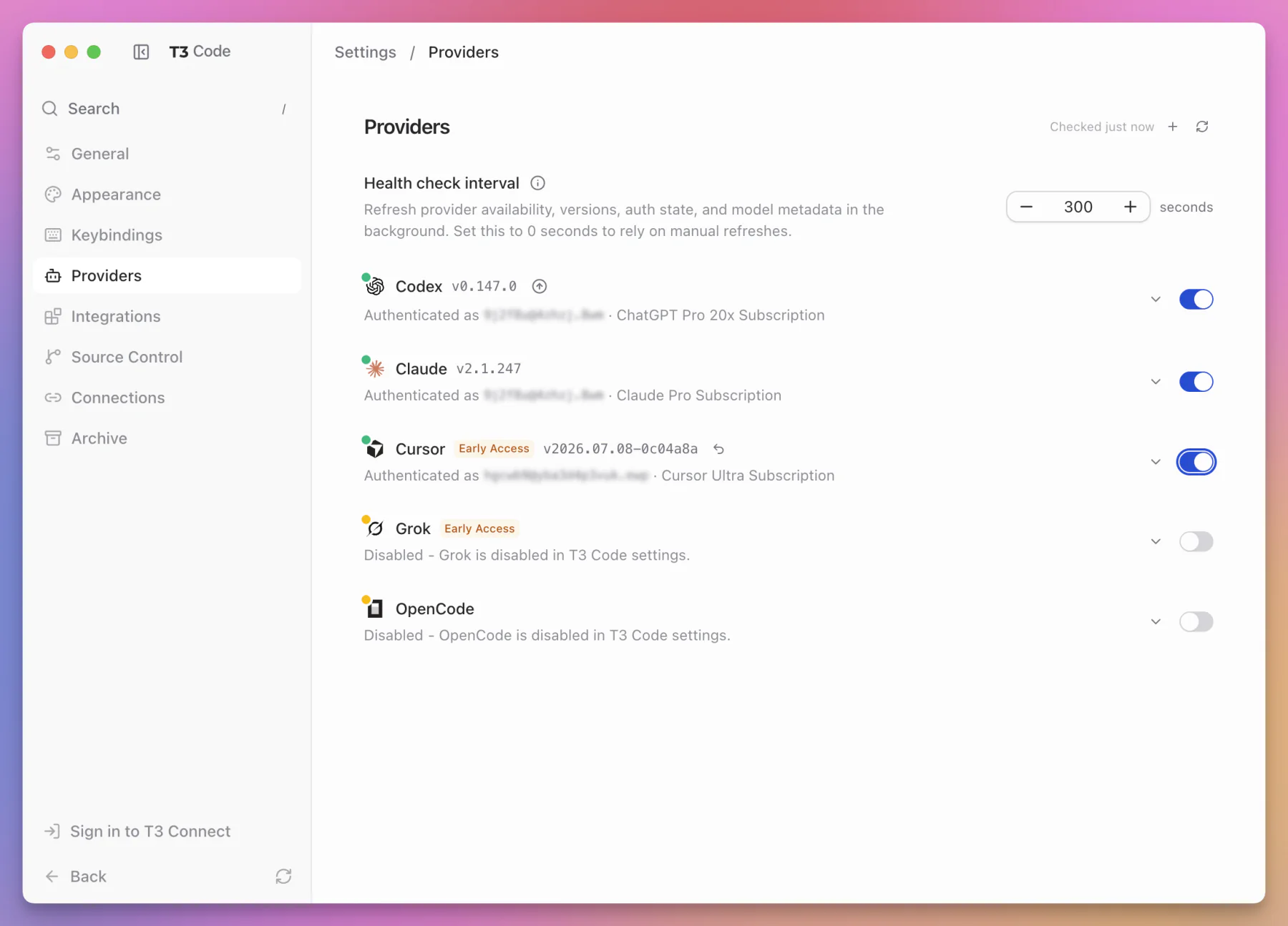 T3 Code provider settings showing Codex, Claude, Cursor, Grok, and OpenCode