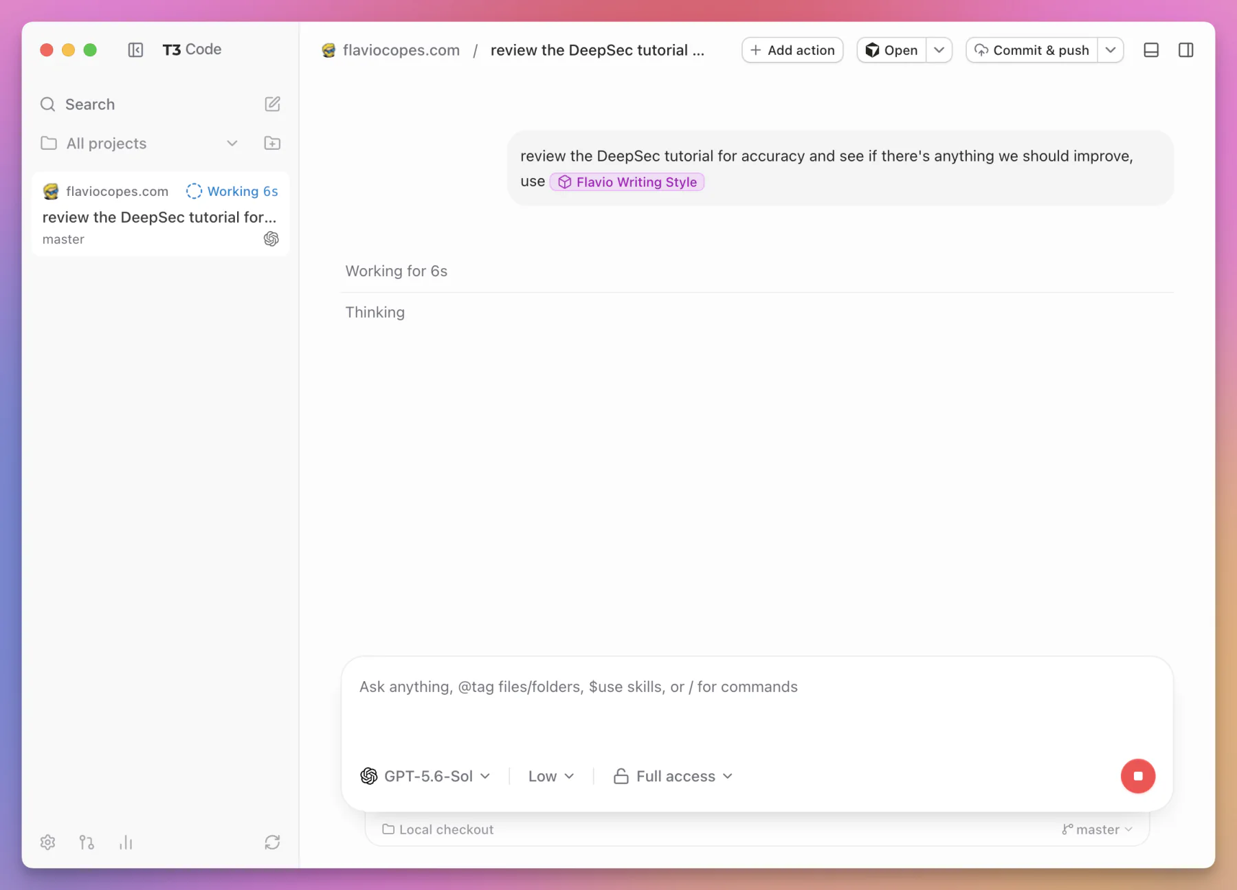 A running T3 Code review thread showing its working state in the sidebar and conversation