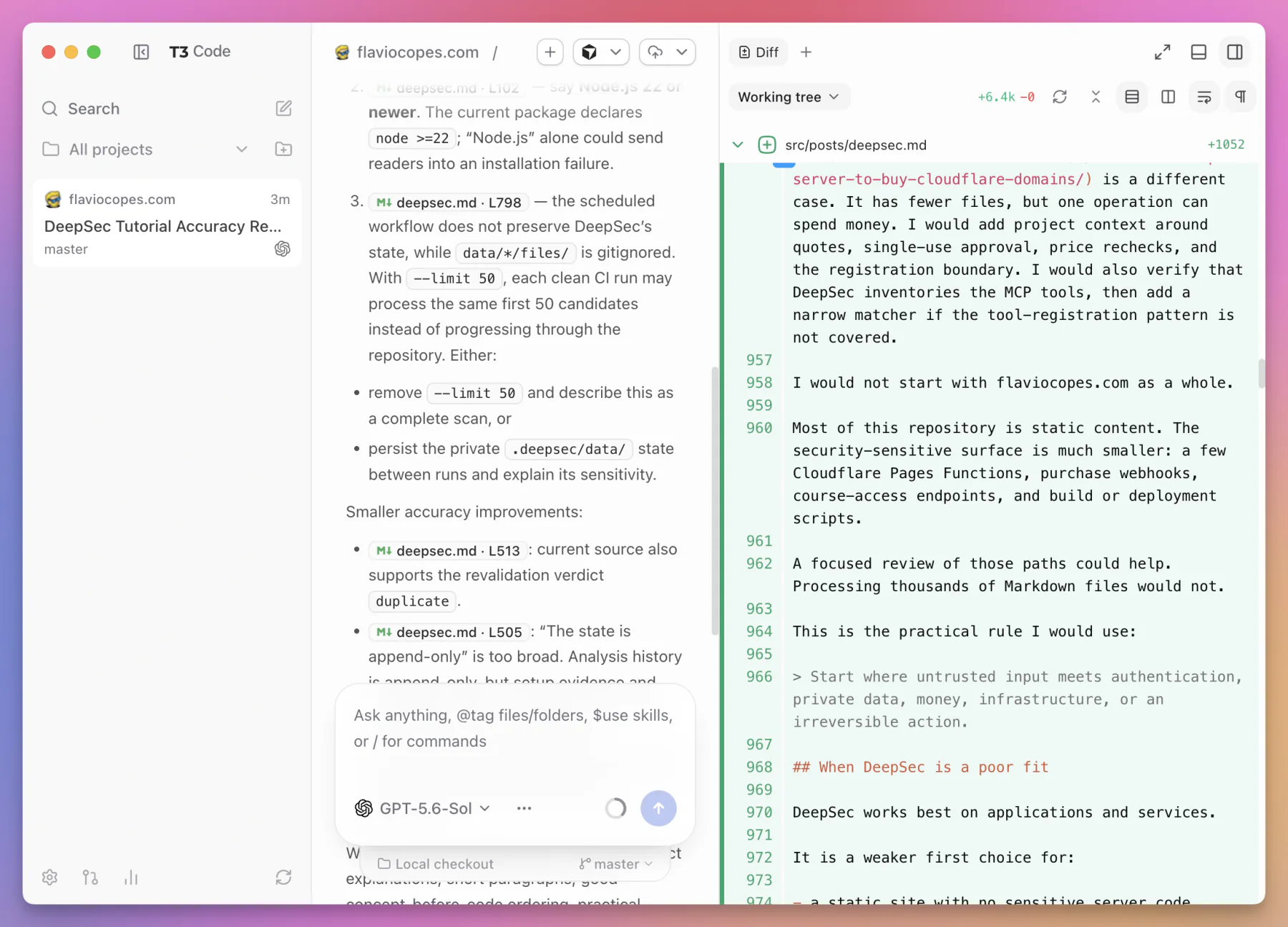 The T3 Code working-tree diff beside the review conversation