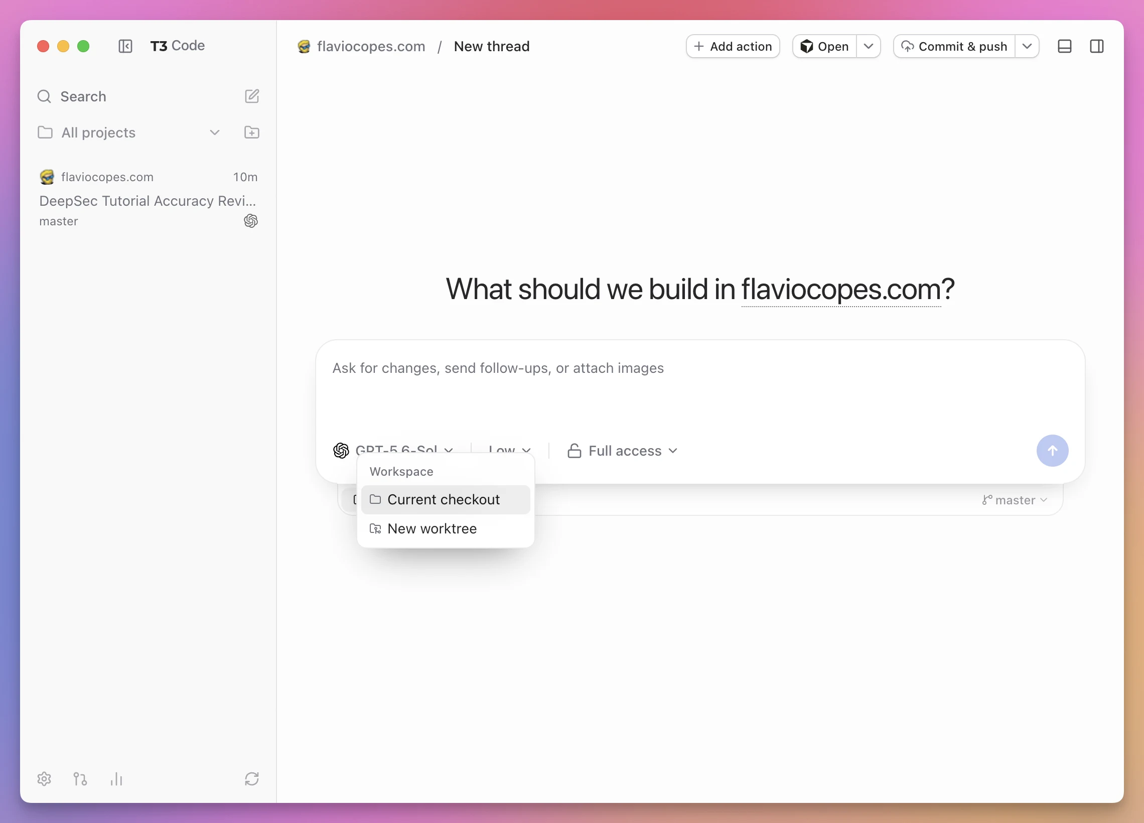 The T3 Code workspace selector offering the current checkout or a new Git worktree