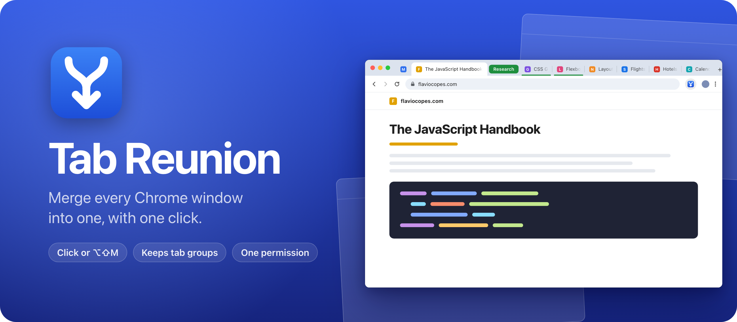Tab Reunion, a Chrome extension that merges every window into one