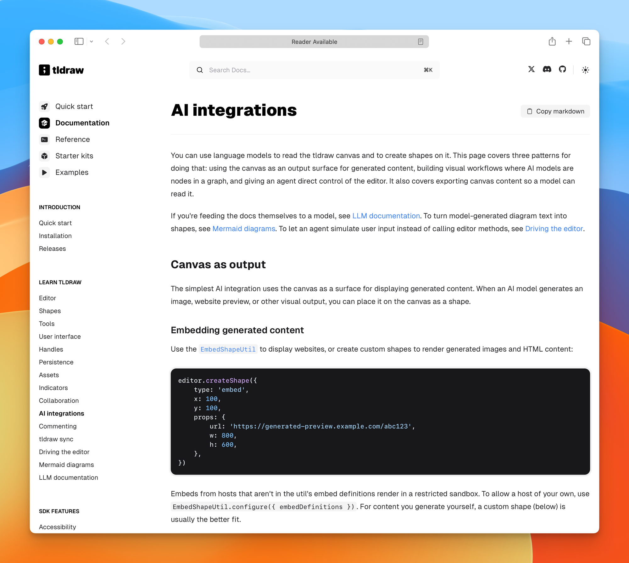 The AI integrations guide in the tldraw documentation