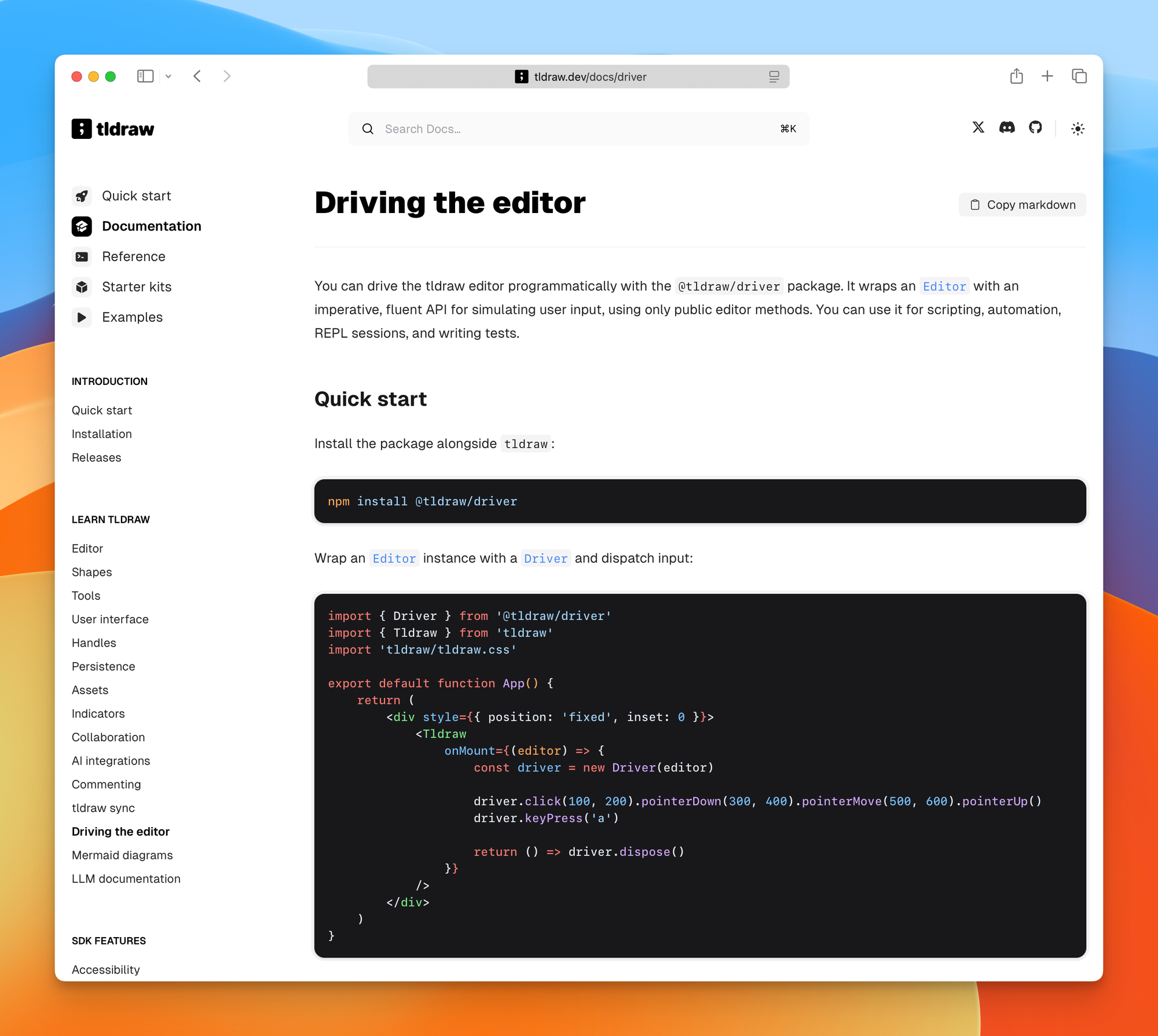 The tldraw driver documentation and quick start
