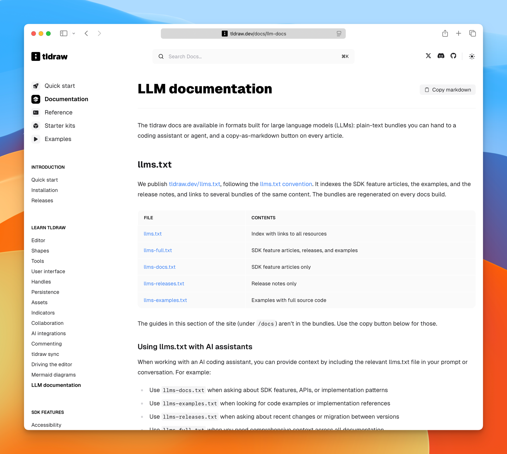 The tldraw documentation bundles for language models