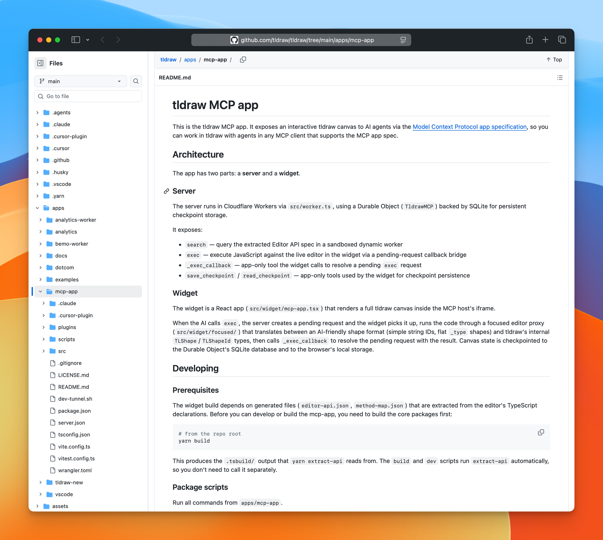 The tldraw MCP App README on GitHub