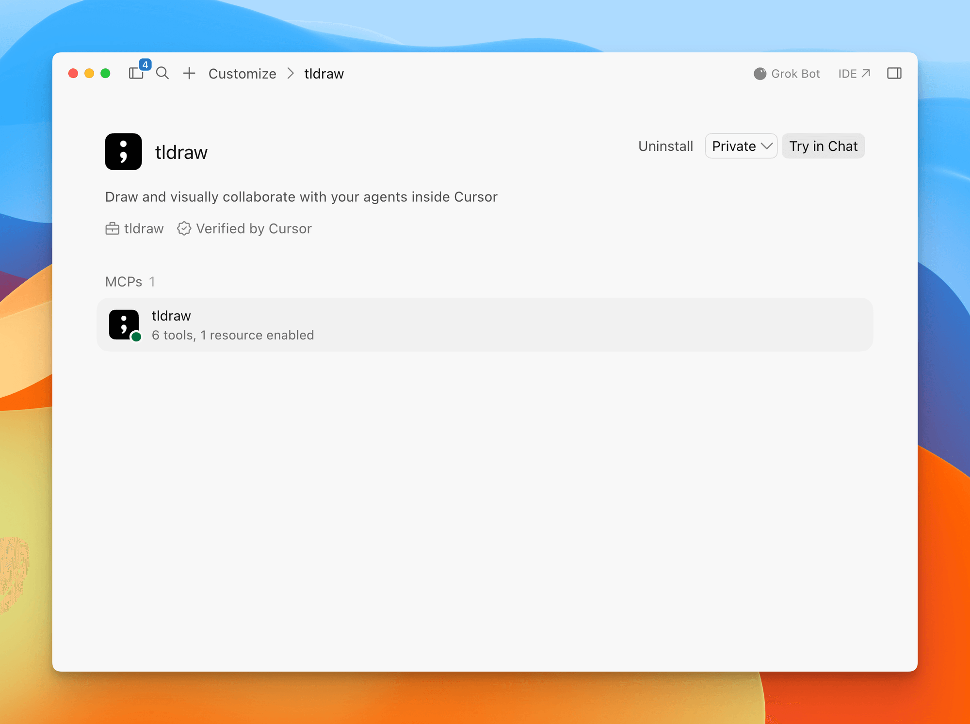 The tldraw MCP App installed in Cursor