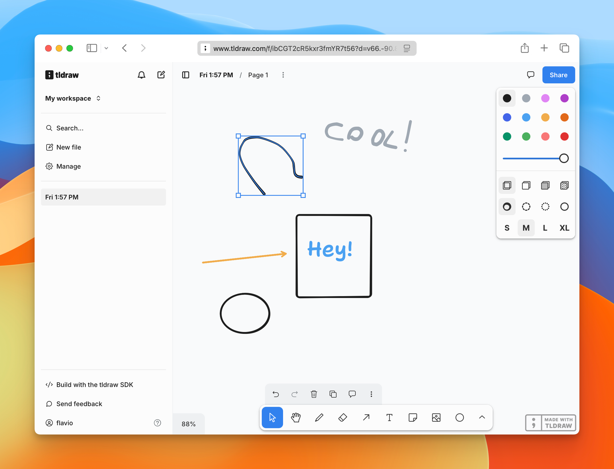A tldraw canvas with freehand drawing, shapes, text, and an arrow
