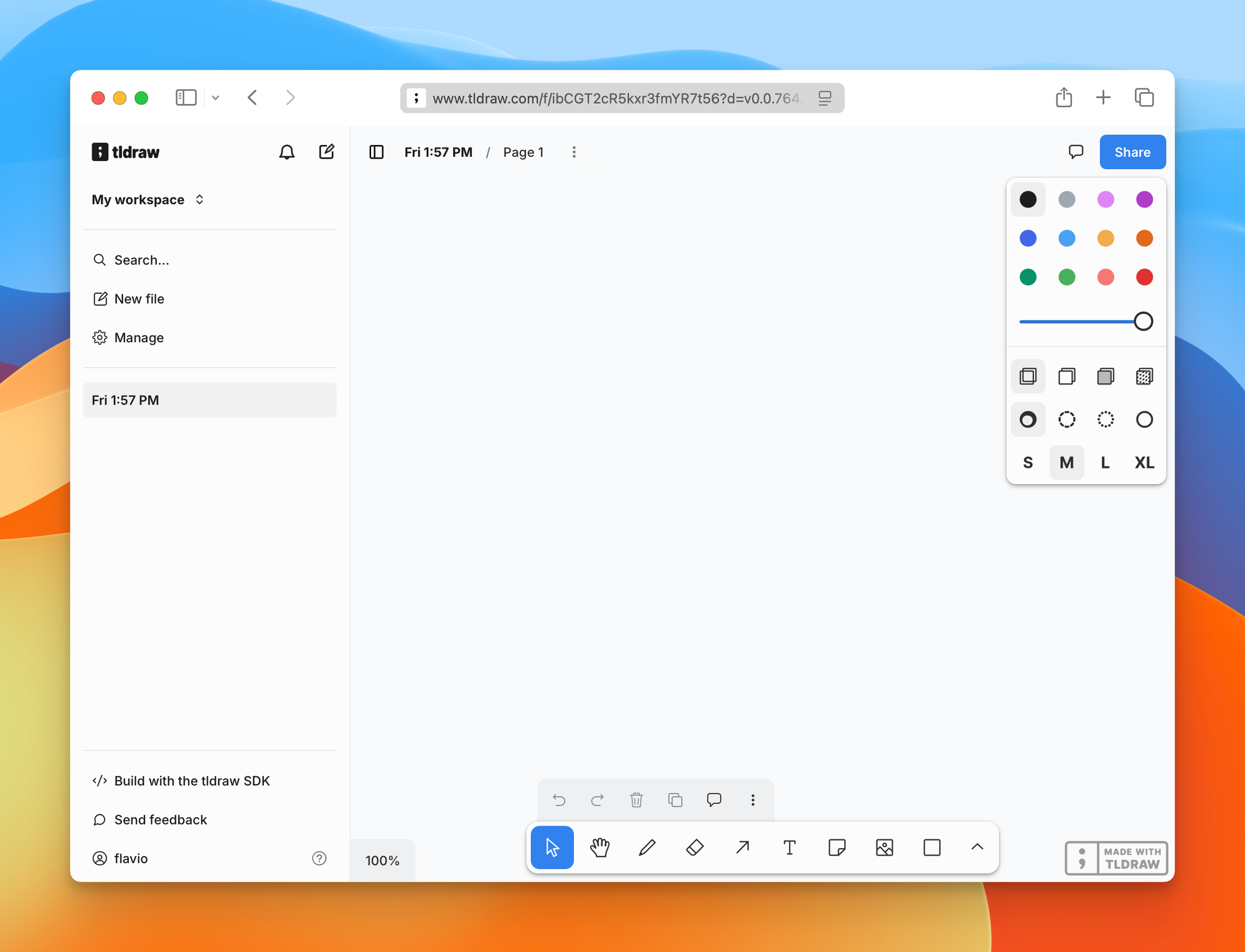 A signed-in tldraw workspace with a saved canvas