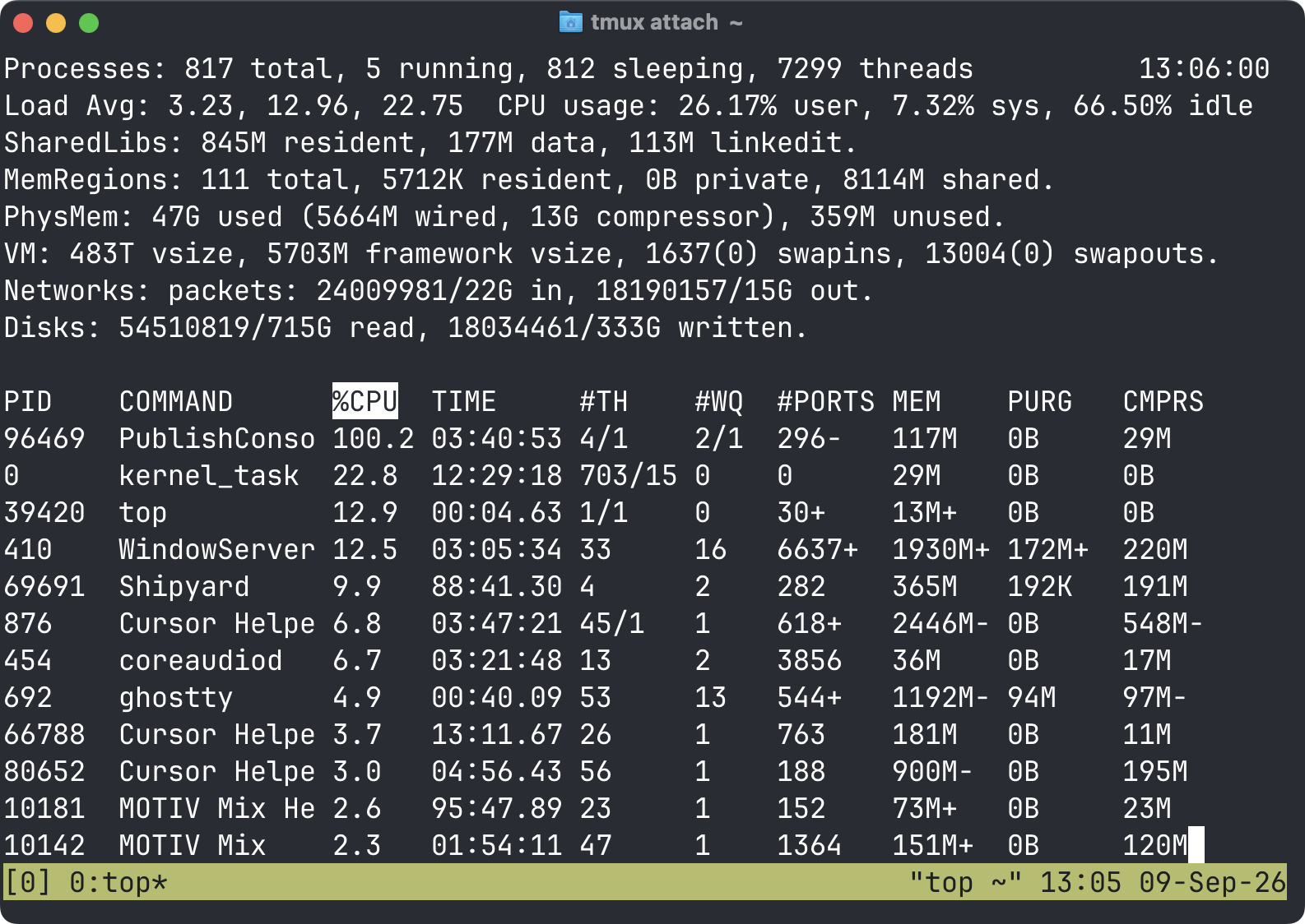 The same top process monitor after attaching to tmux again